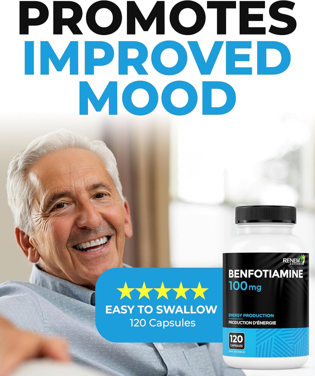 Renew Actives Benfotiamina 100 mg – Apoya la producción de energía y el bienestar general – Vegano, No transgénico, Sin gluten – 120 cápsulas