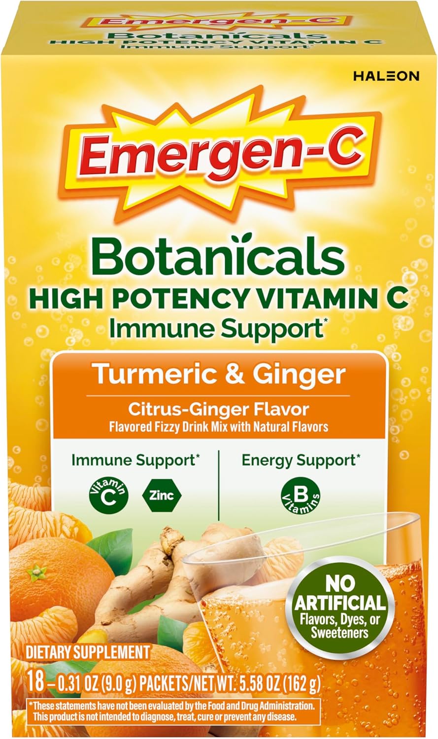 Emergen-C Citrus-Ginger Mezcla Efervescente con Vitamina C, Cúrcuma y Jengibre, 18 Sobres