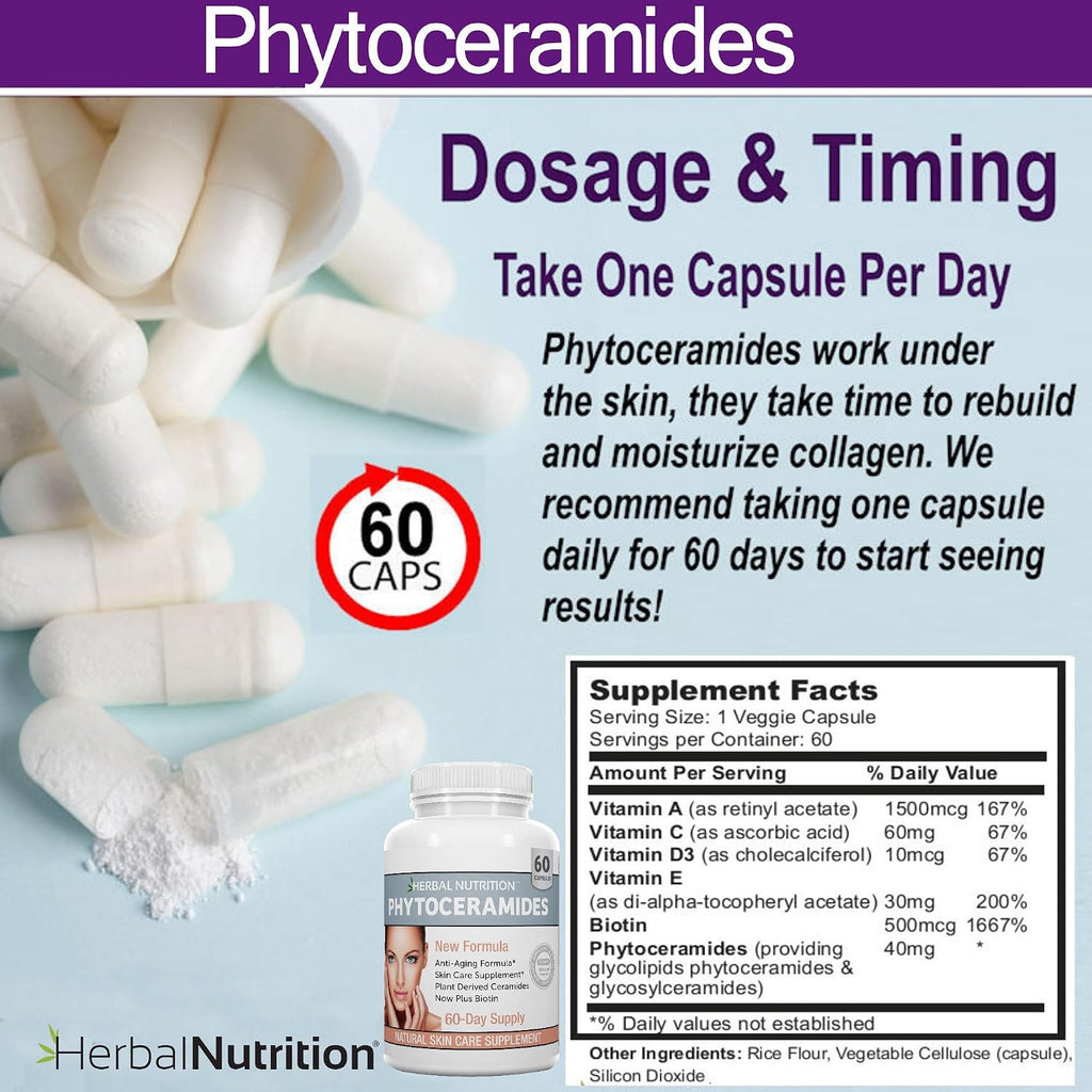 Herbal Nutrition Phytoceramidas de Arroz con Biotina y Vitaminas A, C, D, E - 180 Cápsulas (Pack de 3)