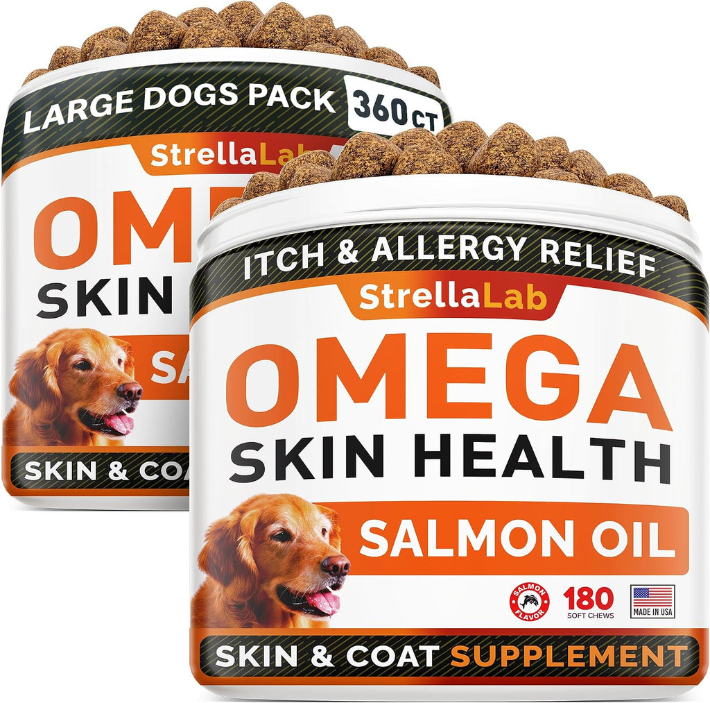 StrellaLab Omega 3 para Perros - 180 Golosinas de Aceite de Pescado - Suplemento para la Piel y el Pelaje - Sabor a Salmón Ahumado