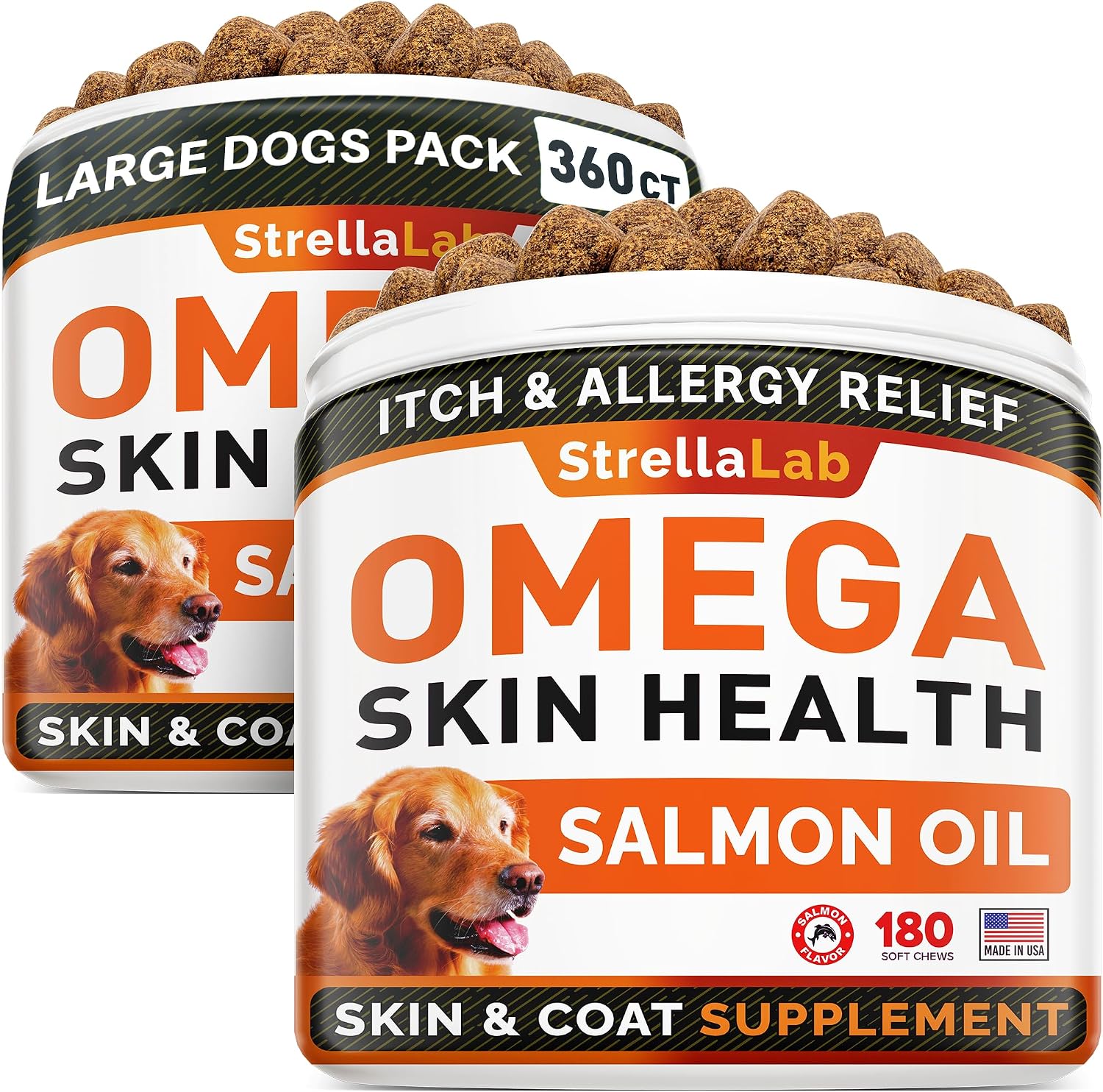 StrellaLab Omega 3 para Perros - 180 Golosinas de Aceite de Pescado - Suplemento para la Piel y el Pelaje - Sabor a Salmón Ahumado
