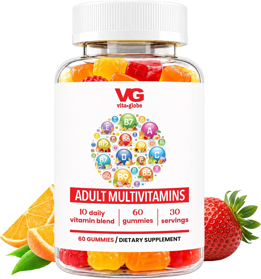 VITA GLOBE Multivitamin Gummies Adultos - 9 Vitaminas Esenciales con C, D, E, B6, B12, Folato y Biotina - Sabor Naranja, Melocotón y Fresa - 120 Gominolas (2 Envases de 60)