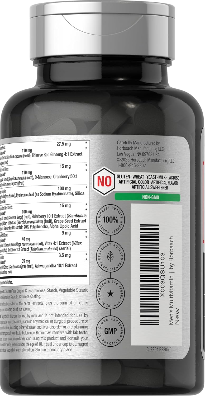 Horbäach Multivitamínico para Hombres 50+ | 60 Comprimidos | Fórmula Avanzada con Calcio, Magnesio, Vitaminas A, B, C, D y E | Sin Gluten y No-GMO