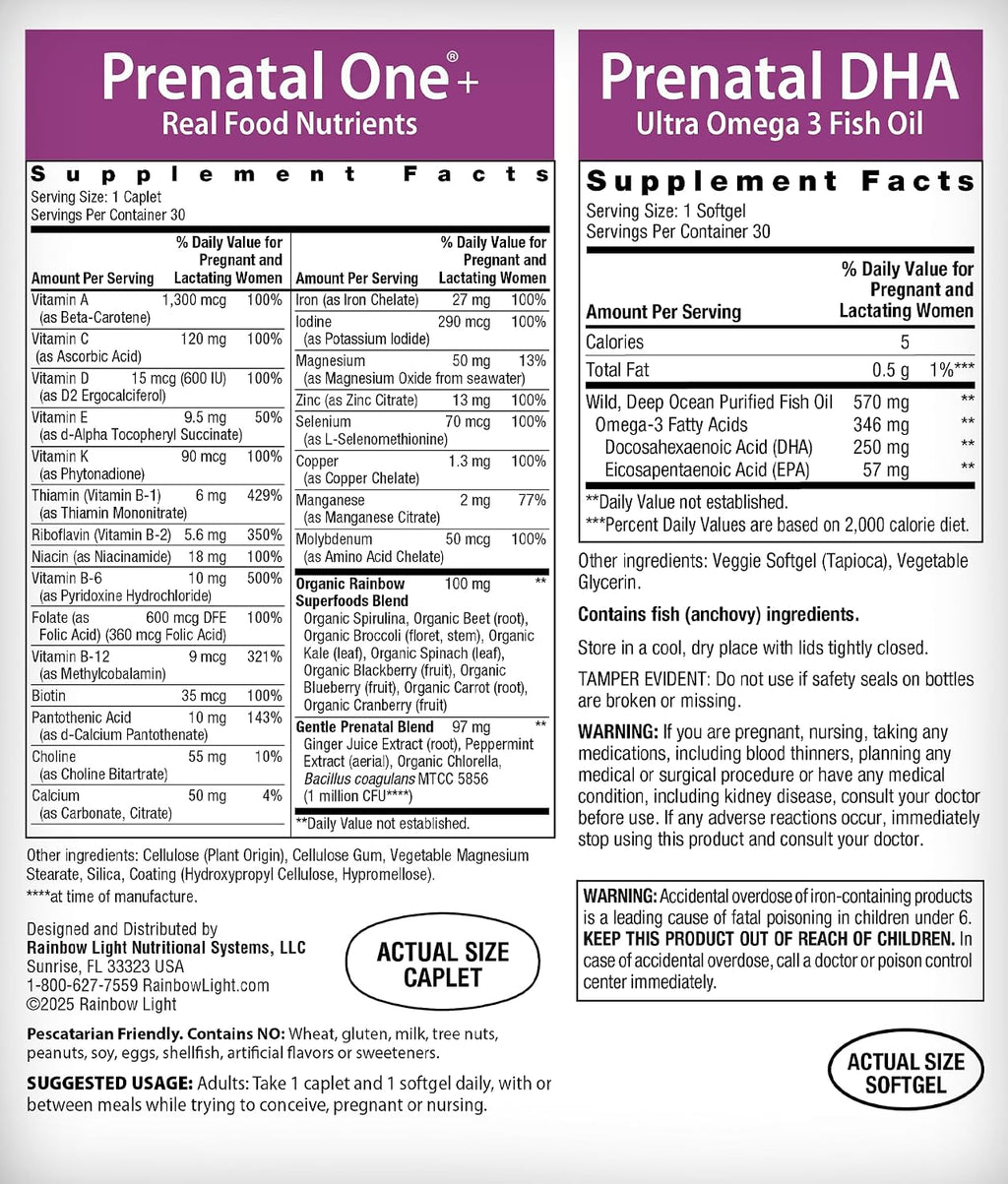 Rainbow Light Prenatal DHA Vitaminas - 30 Comprimidos y 30 Cápsulas Blandas - Omega-3 (DHA y EPA) para Apoyo Materno e Infantil