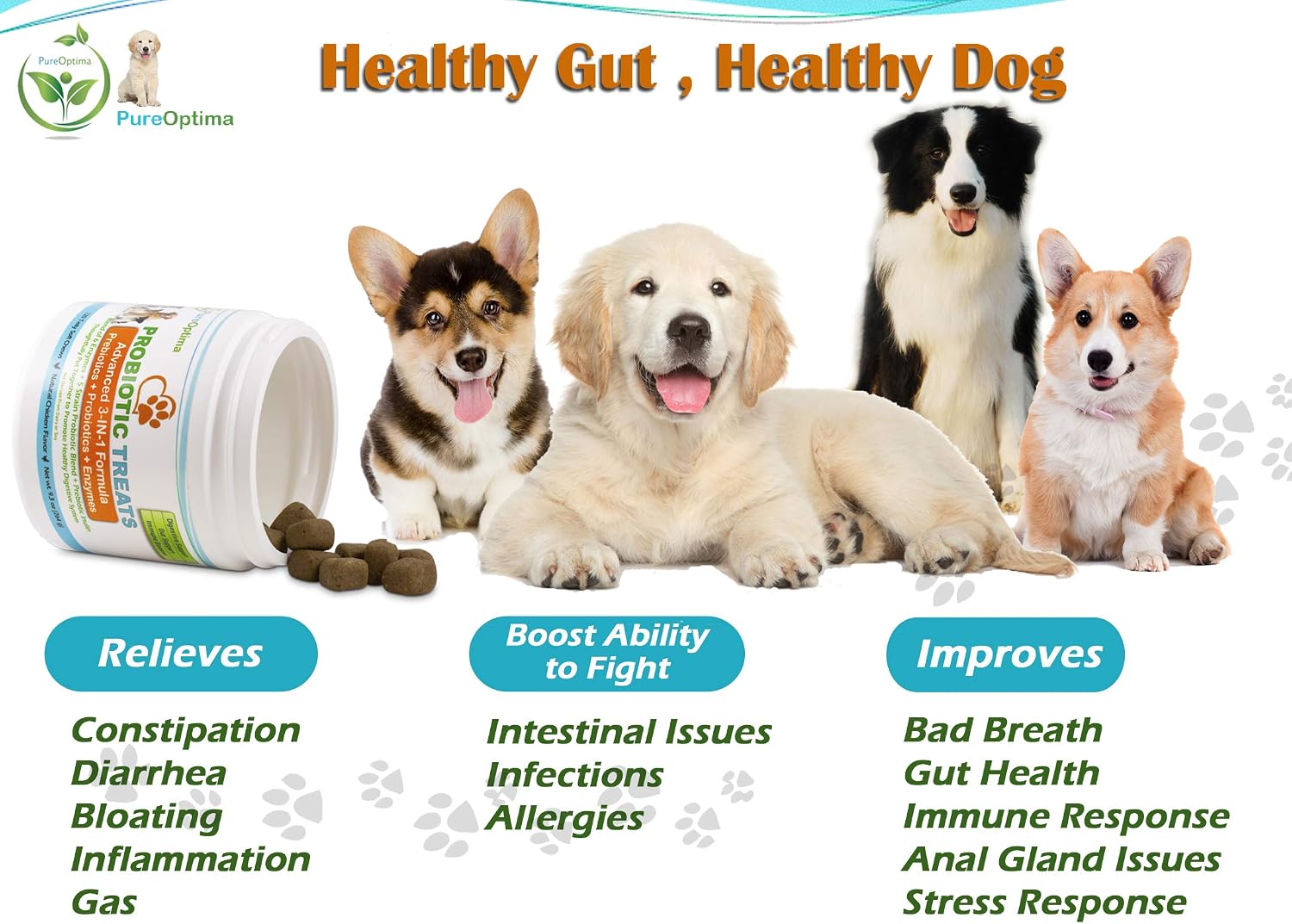 PureOptima Probióticos para Perros, Masticables con Enzimas Digestivas y Prebióticos, 120 Unidades