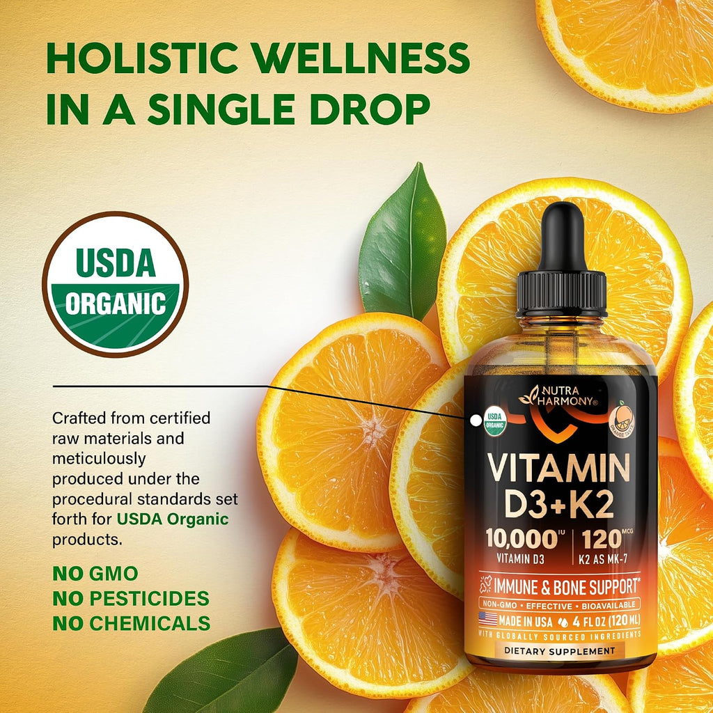 NUTRAHARMONY Gotas Orgánicas de Vitamina D3 y K2 - 10000 UI D3 + 120 mcg K2 MK-7 - Sabor Naranja - Sin Azúcar - 118 ml