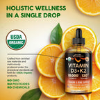 NUTRAHARMONY Gotas Orgánicas de Vitamina D3 y K2 - 10000 UI D3 + 120 mcg K2 MK-7 - Sabor Naranja - Sin Azúcar - 118 ml