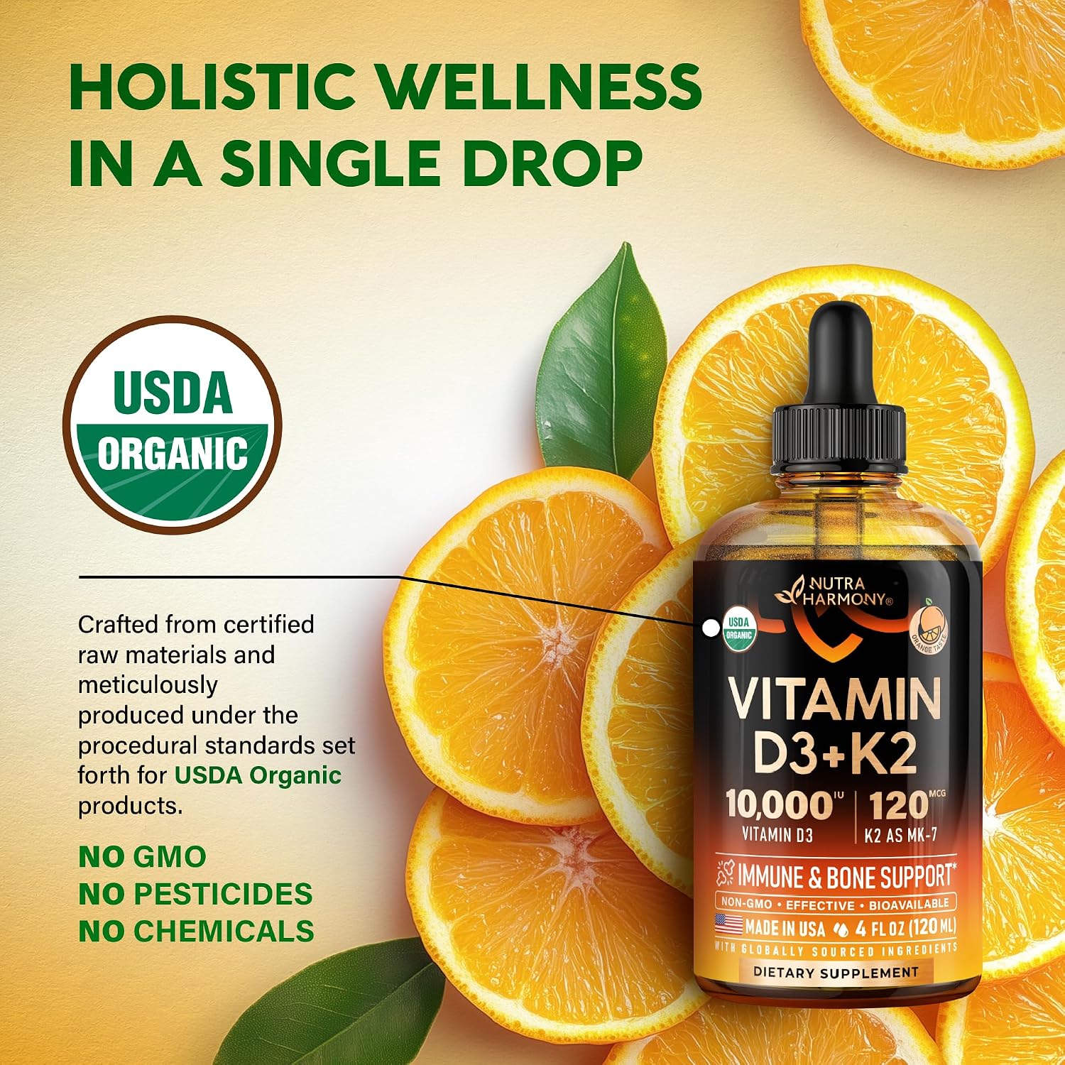 NUTRAHARMONY Gotas Orgánicas de Vitamina D3 y K2 - 10000 UI D3 + 120 mcg K2 MK-7 - Sabor Naranja - Sin Azúcar - 118 ml