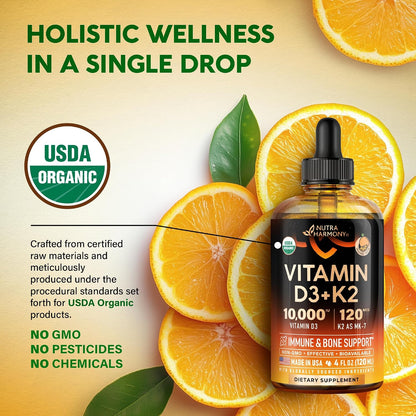 NUTRAHARMONY Gotas Orgánicas de Vitamina D3 y K2 - 10000 UI D3 + 120 mcg K2 MK-7 - Sabor Naranja - Sin Azúcar - 118 ml – Image 4