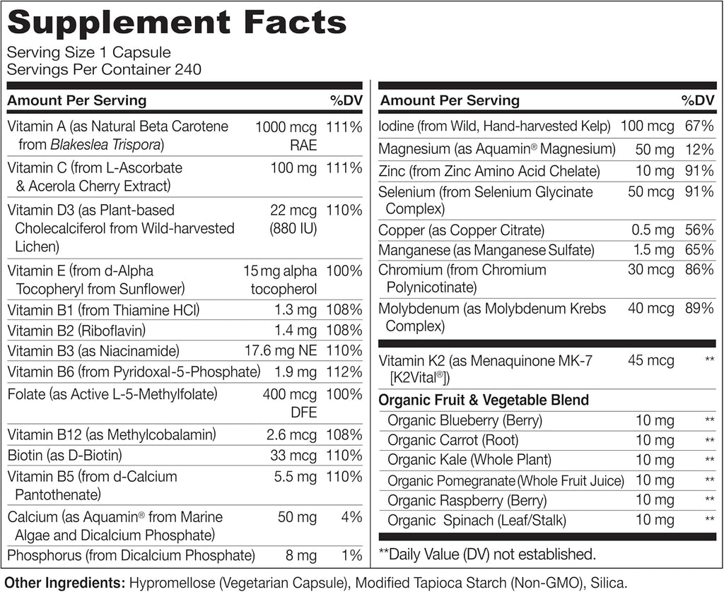 NATURELO Multivitamínico Diario para Hombres con Vitaminas, Minerales y Alimentos Integrales Orgánicos - 240 Cápsulas Vegetarianas