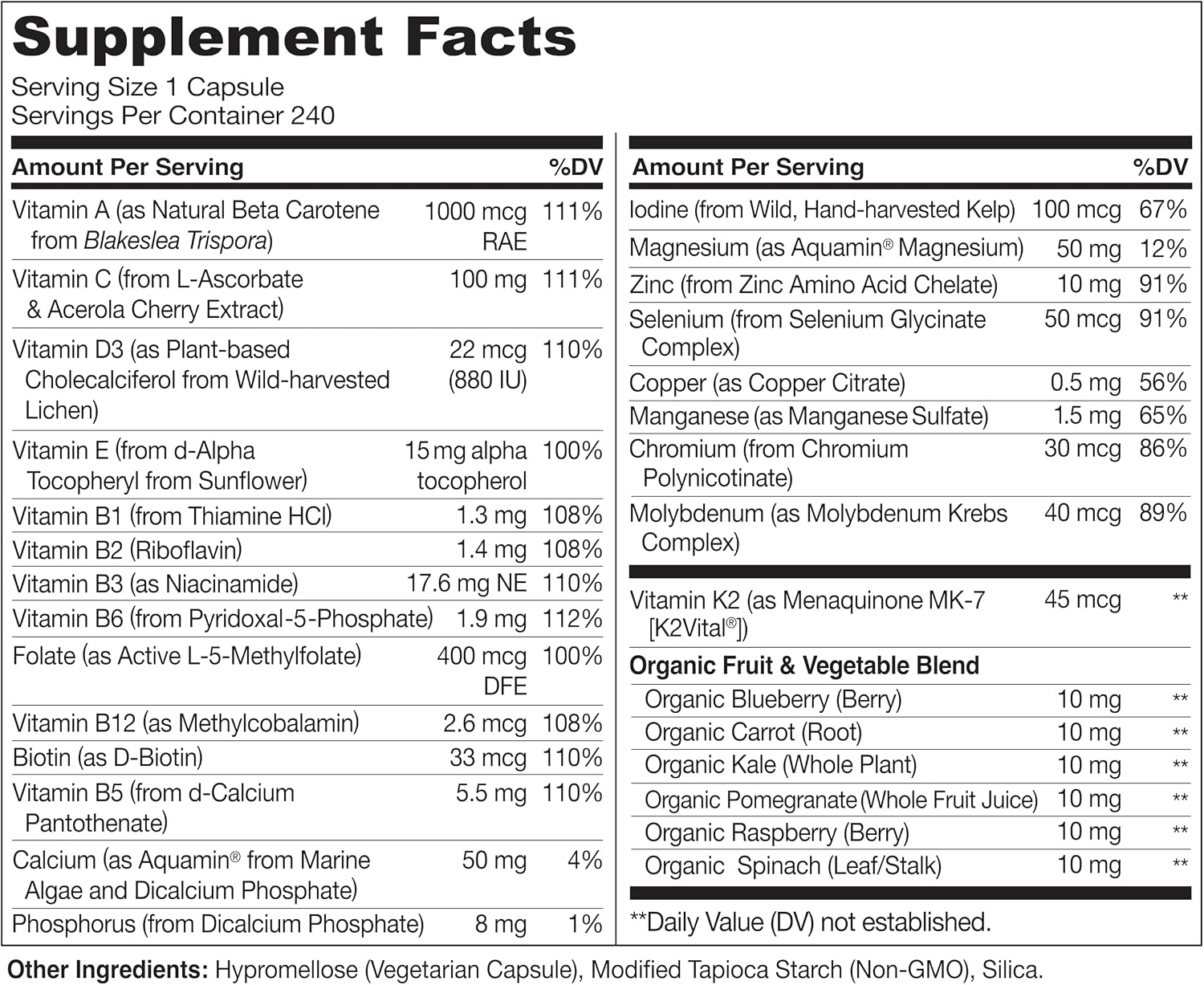 NATURELO Multivitamínico Diario para Hombres con Vitaminas, Minerales y Alimentos Integrales Orgánicos - 240 Cápsulas Vegetarianas