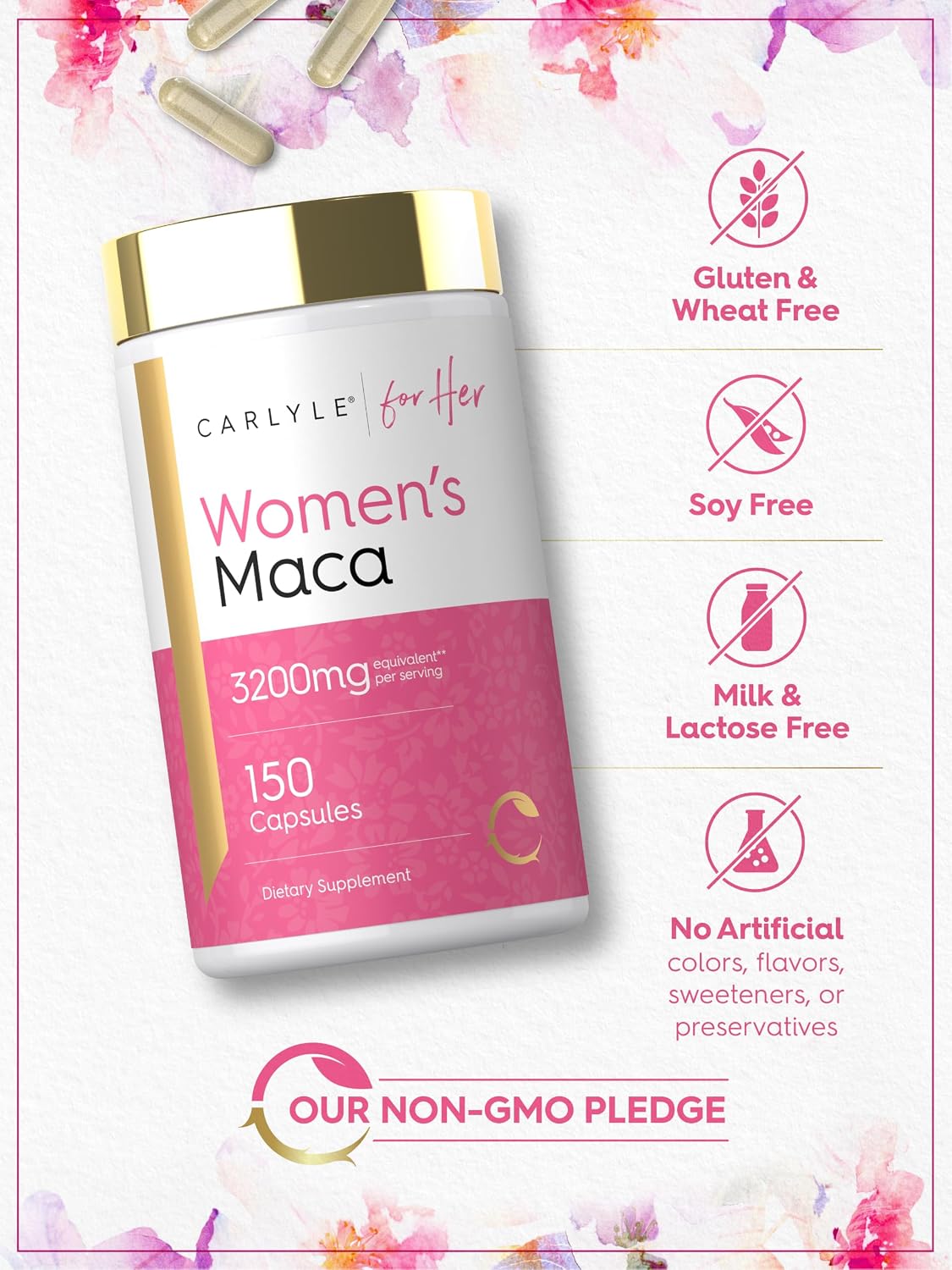 Carlyle Cápsulas de Raíz de Maca para Mujeres - 150 Cápsulas, Suplemento No OGM y Sin Gluten