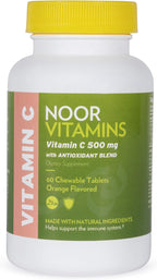 Noor Vitamins Vitamina C 500 mg Masticable con Escaramujo y Antioxidantes - 60 Comprimidos Sabor Naranja - Halal, Vegano, Sin Gluten