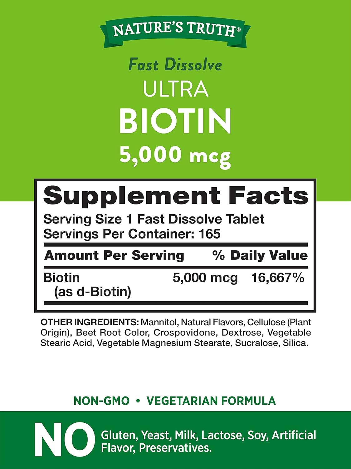 Nature's Truth Ultra Biotin 5000mcg - 165 Comprimidos de Disolución Rápida Sabor Berry