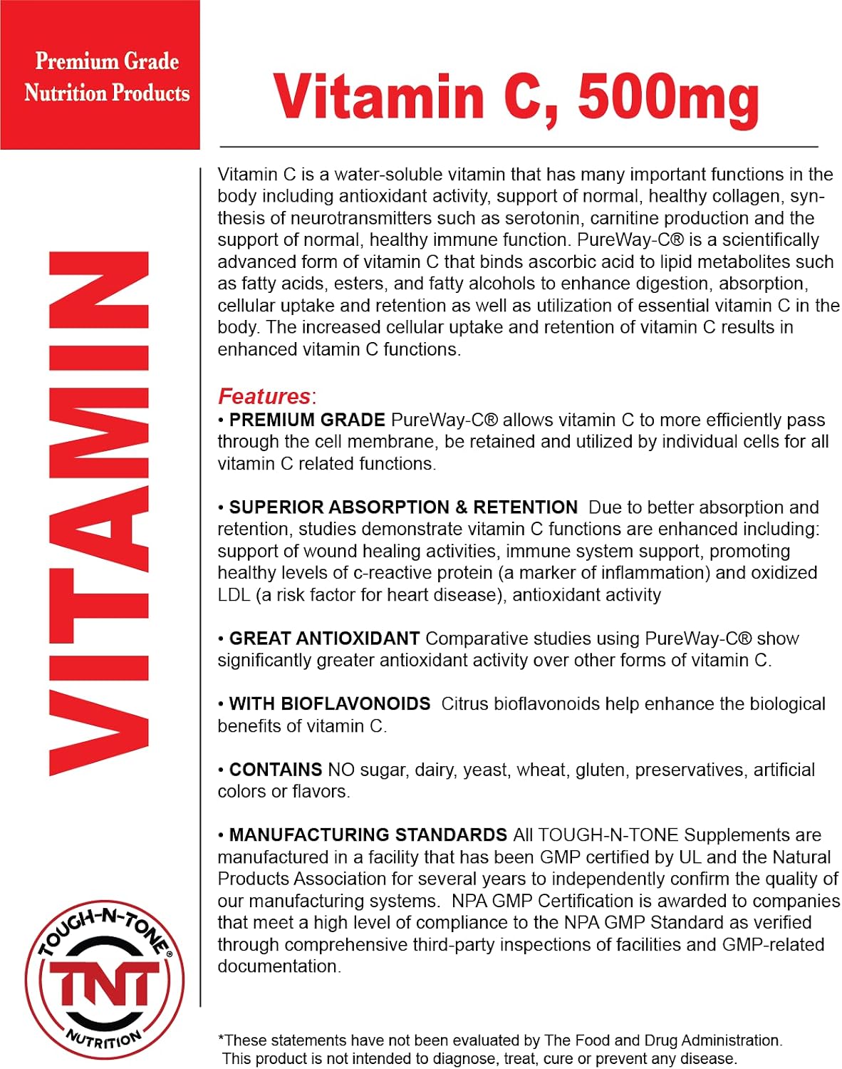 TOUGH-N-TONE Vitamina C Premium 500 mg con PureWay-C® y Bioflavonoides
