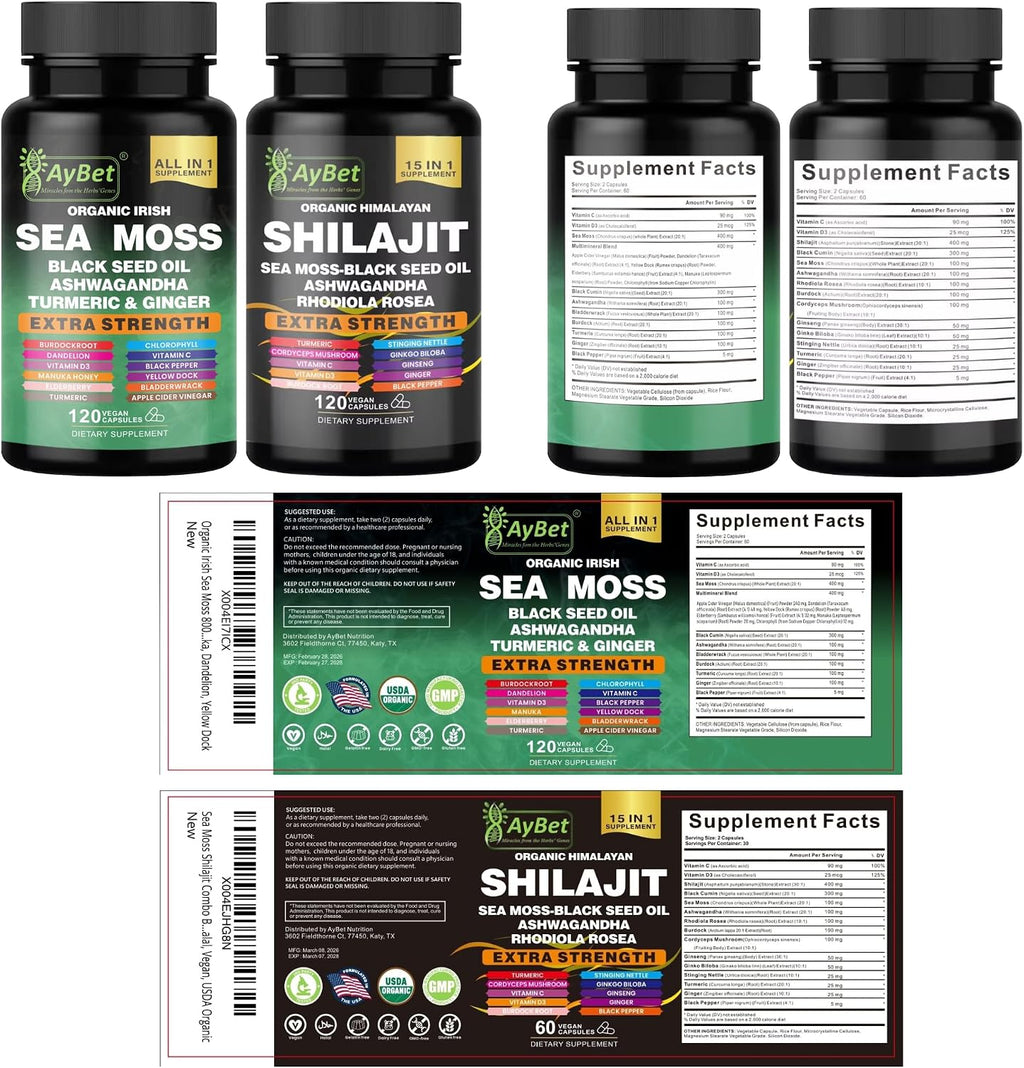 AyBet Sea Moss y Shilajit del Himalaya – Fórmula Herbal 22 en 1 con Ashwagandha, Cúrcuma, Jengibre – Minerales y Antioxidantes – Cápsulas Orgánicas, Halal, Veganas – 120 Unidades