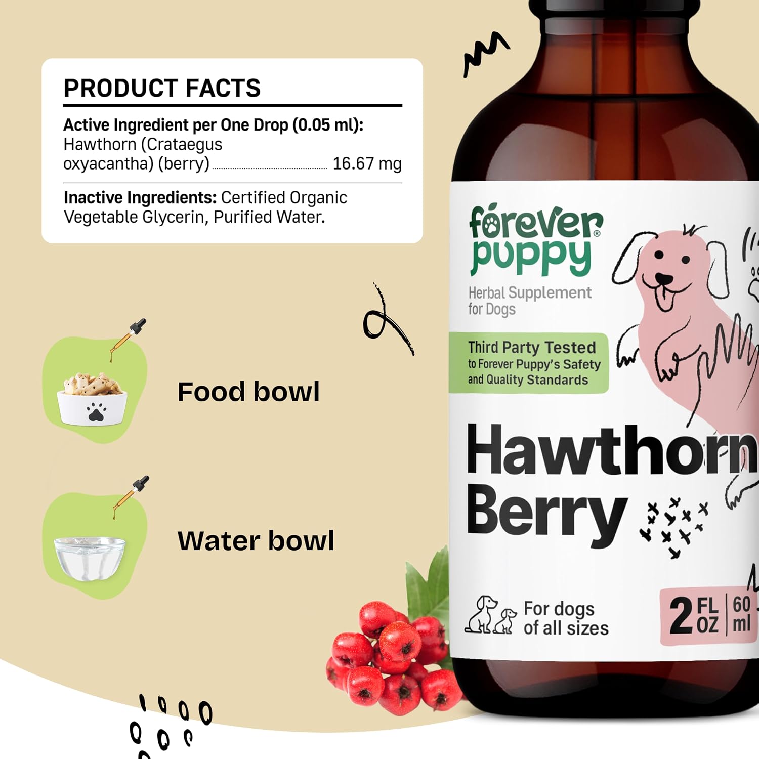 Forever Puppy Gotas de Espino Blanco para Perros - Tintura Antioxidante Líquida para la Salud Cardíaca - 2 oz