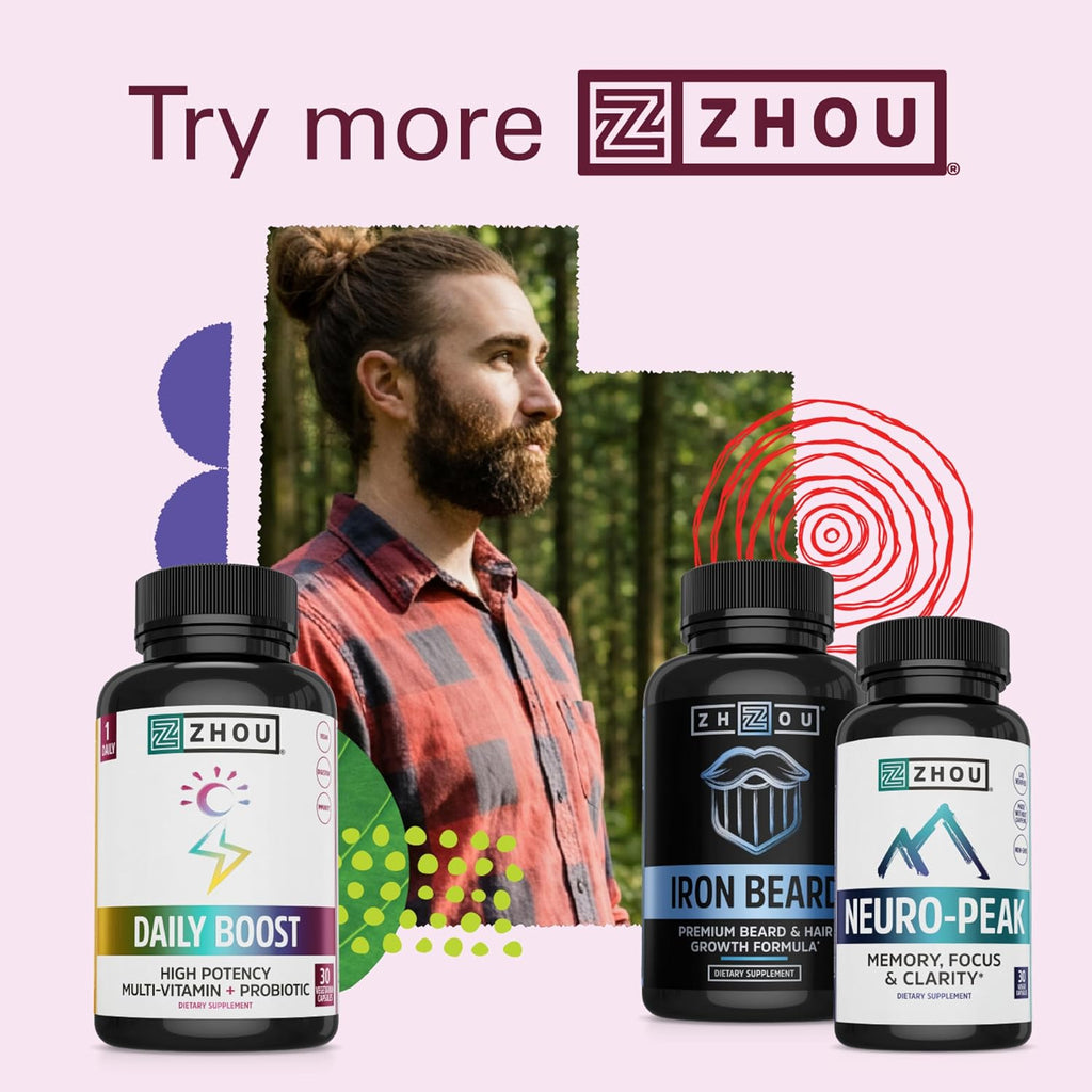 Zhou Iron Beard - Vitaminas para el Crecimiento de Barba con Biotina, Saw Palmetto y Vitaminas B - 60 Cápsulas Veganas
