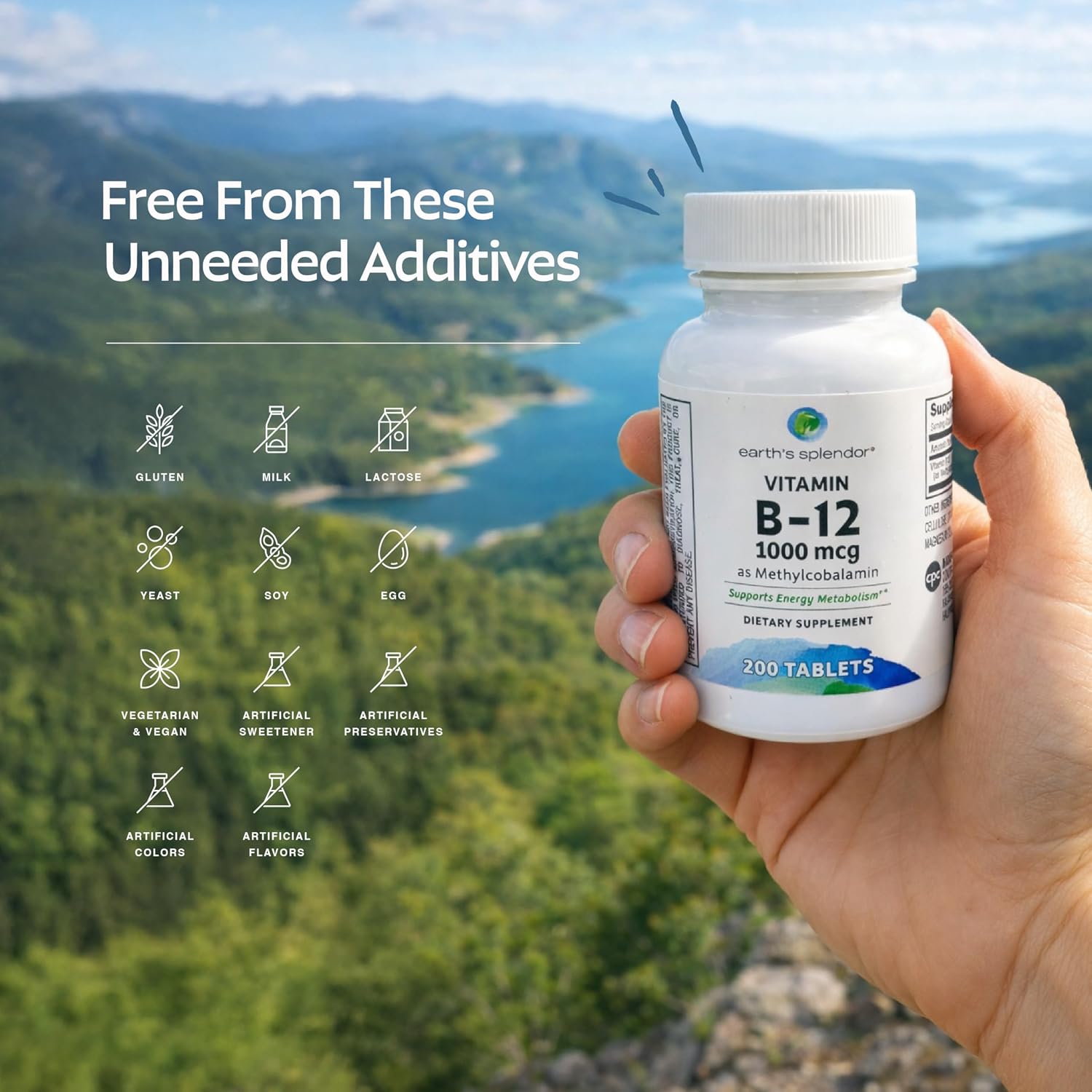 Earth's Splendor Energy + Muscle Support: Vitamina B12 (1000mcg) y Magnesio (500mg) - Sin Gluten, Sin Trigo, Sin Sabores Artificiales