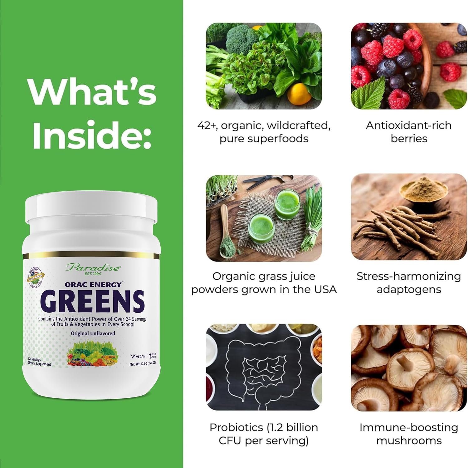 Paradise Herbs, ORAC Energy Greens Powder - 120 Raciones