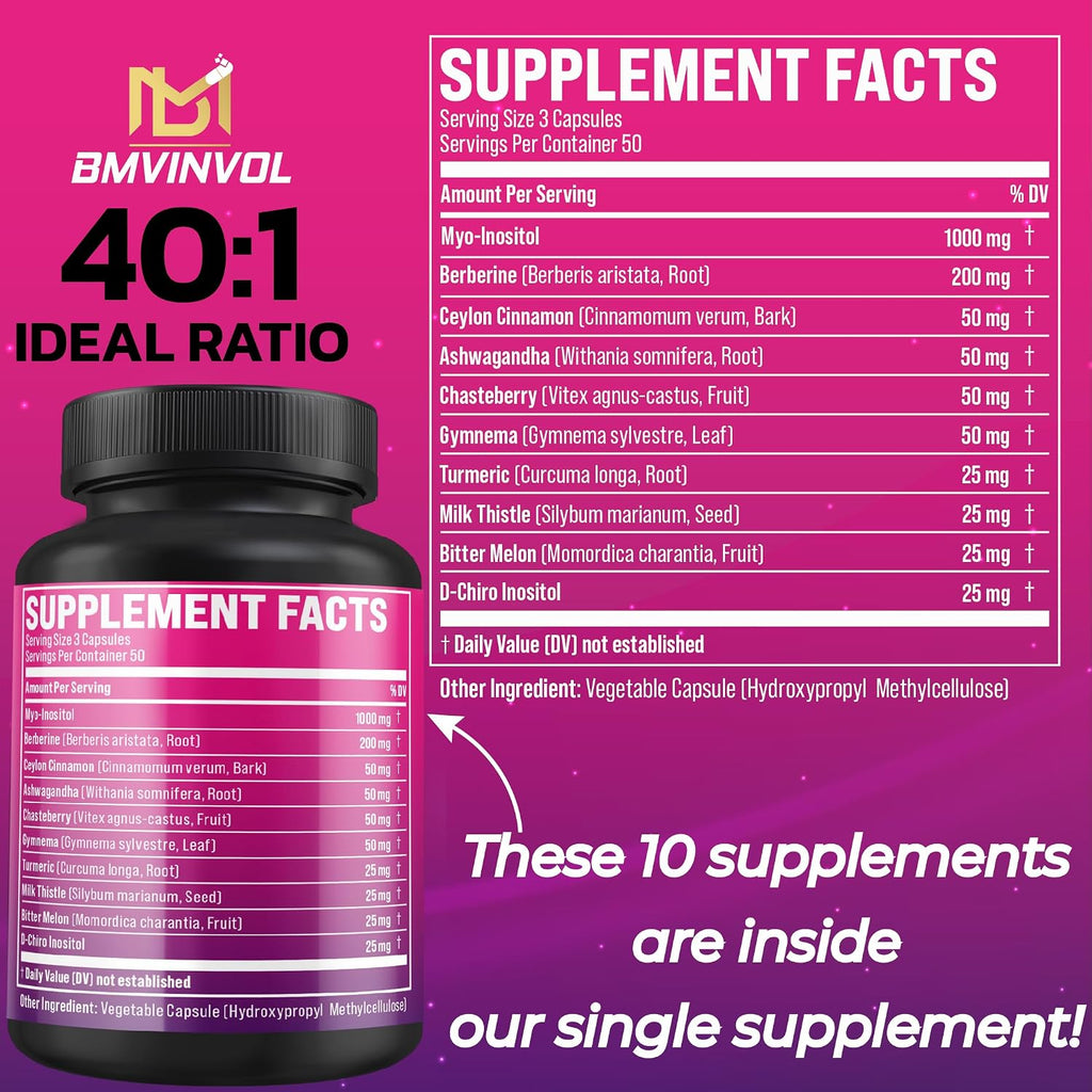 BMVINVOL Complejo de Inositol - Myo-Inositol y D-Chiro Inositol 40:1 con Berberina, Canela, Ashwagandha y Más - 150 Cápsulas