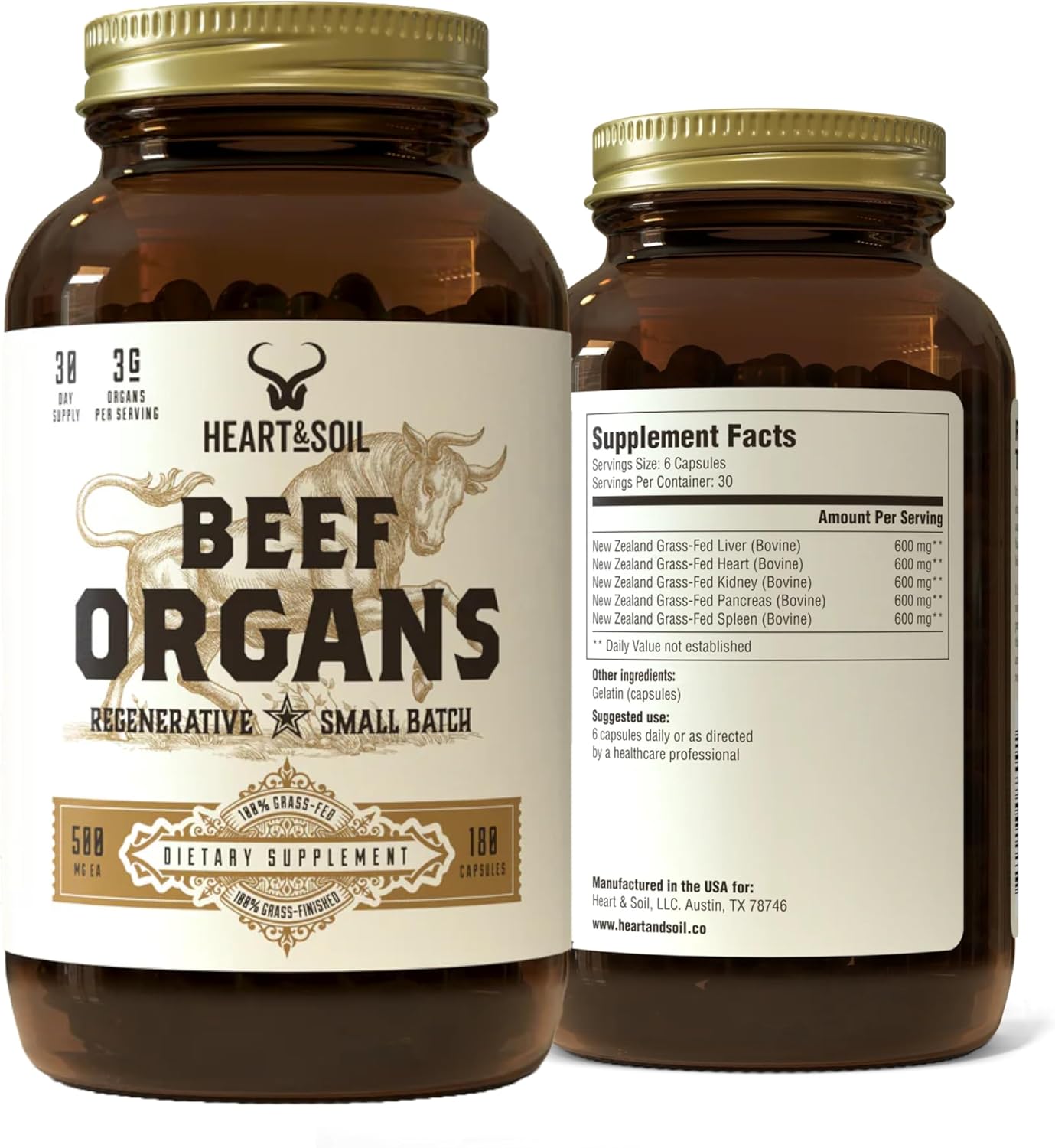 HEART & SOIL – Órganos de Res 100% Alimentados con Pasto – 3000mg – 180 Cápsulas