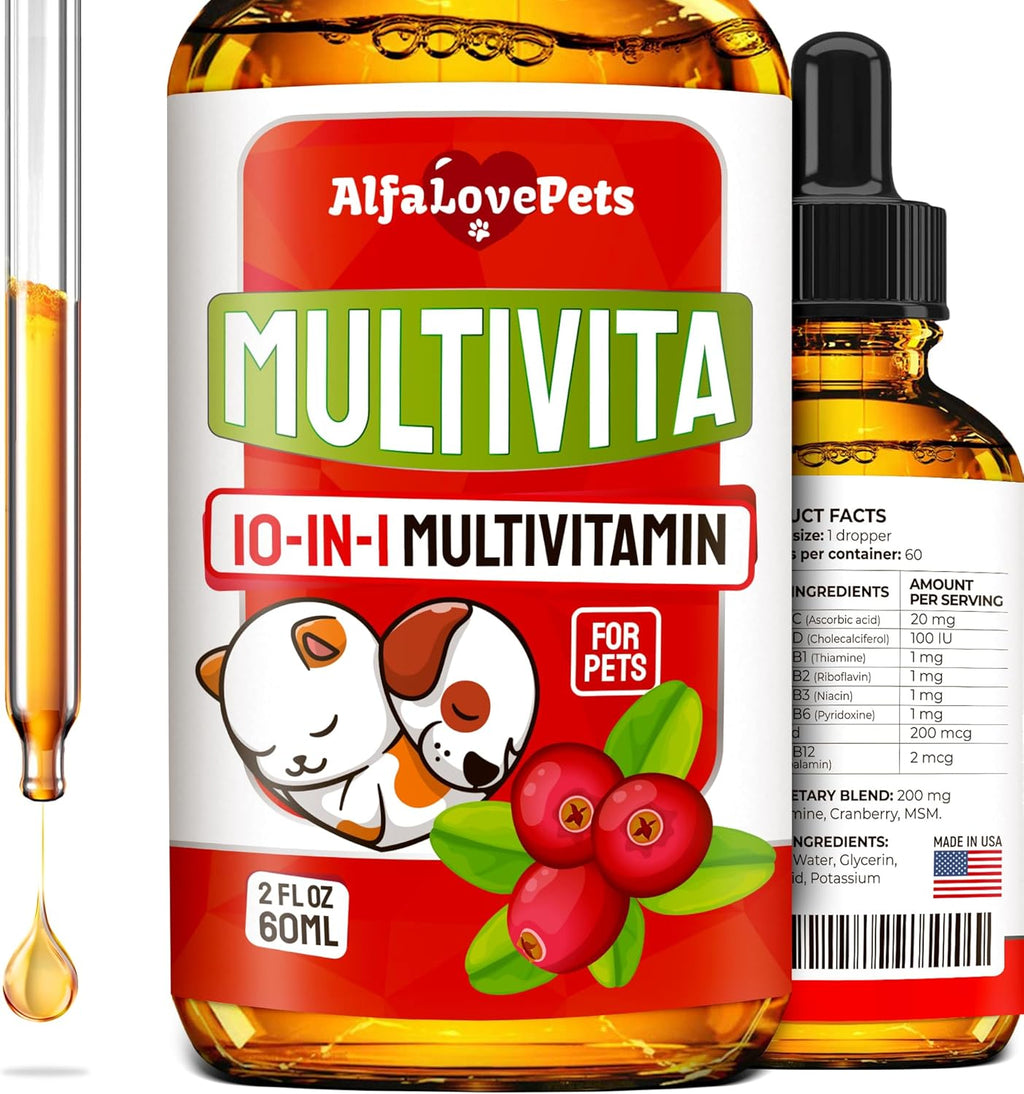 Multivitamínico Líquido para Perros y Gatos - 10 en 1 con Vitaminas B, C, D3, Glucosamina y Arándano - Sabor Arándano - 2 oz
