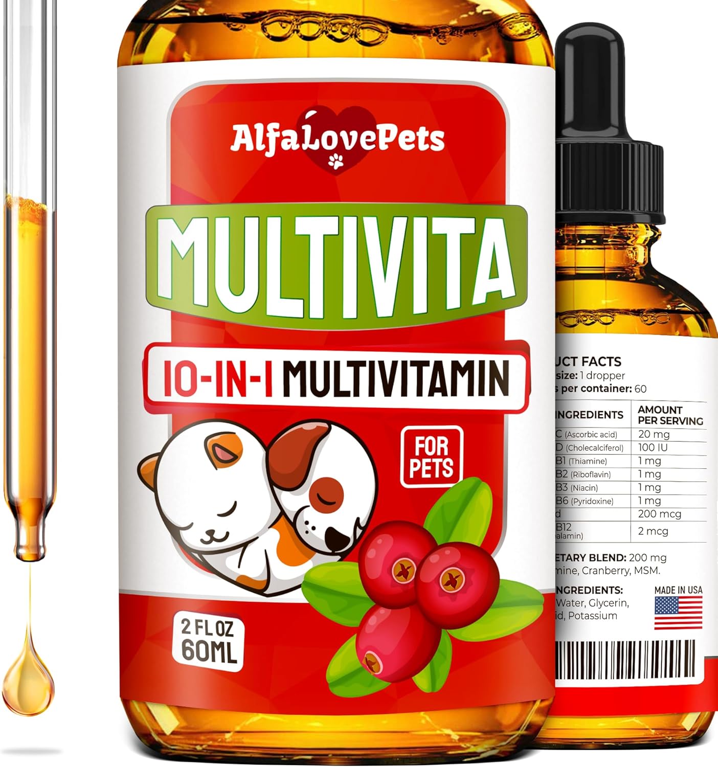 Multivitamínico Líquido para Perros y Gatos - 10 en 1 con Vitaminas B, C, D3, Glucosamina y Arándano - Sabor Arándano - 2 oz