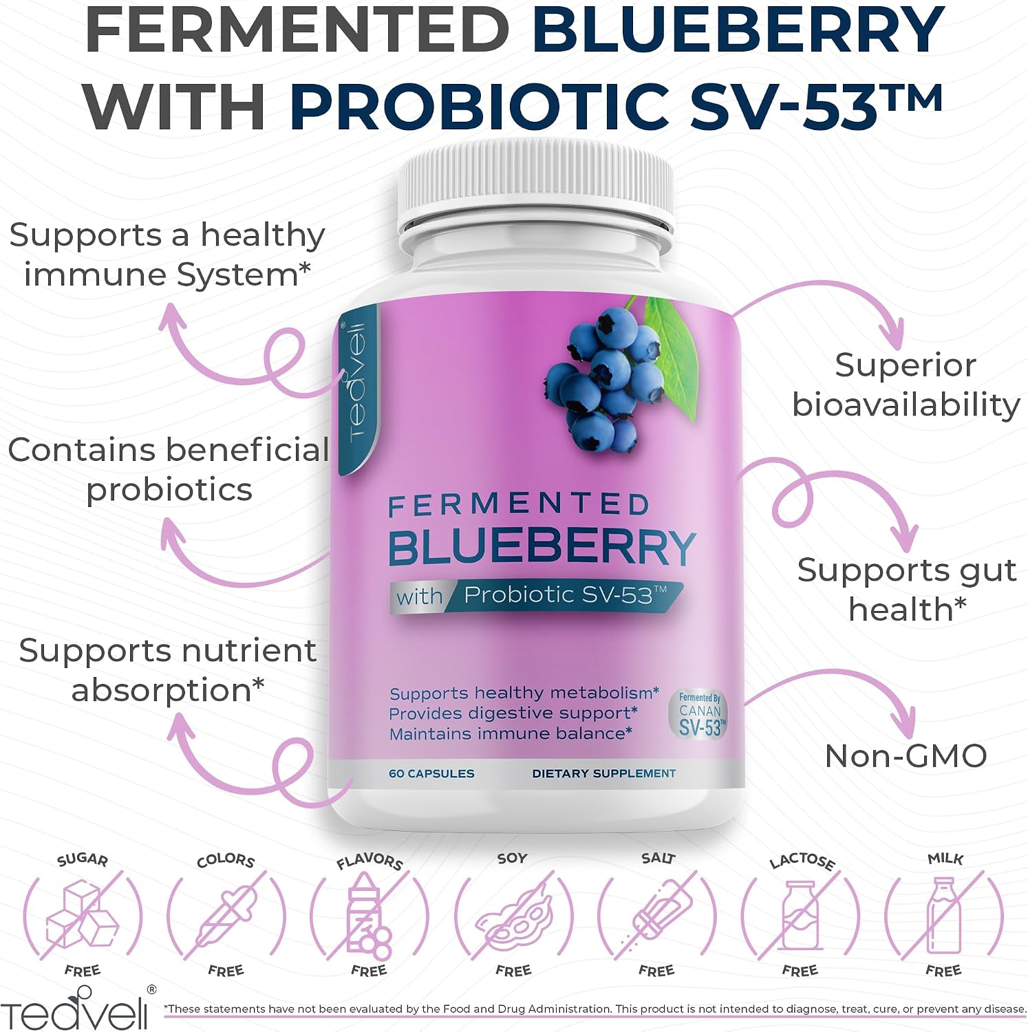 Teaveli Probiotic Blueberry Supplement con Arándanos Silvestres – 1000 mg/Serving – 60 Cápsulas