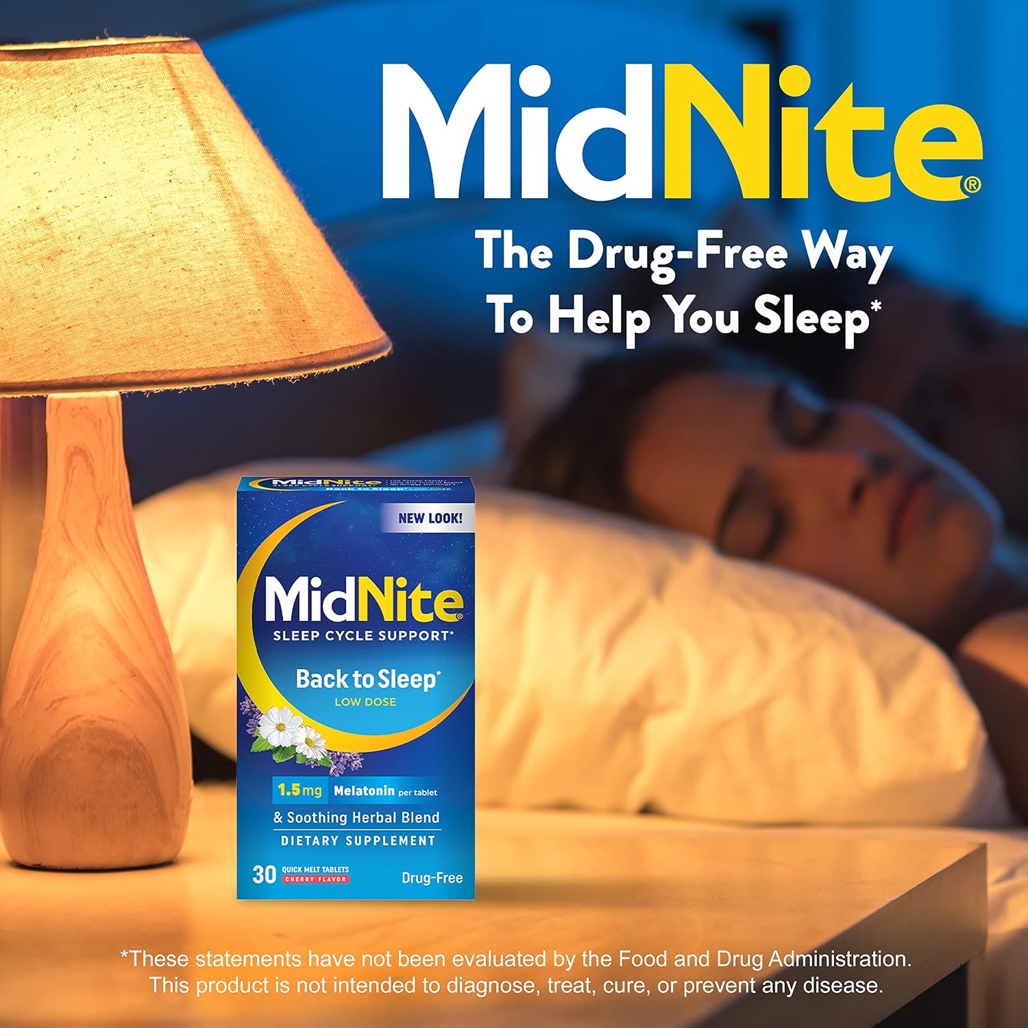 MidNite Back to Sleep Baja Dosis, Melatonina 1.5 mg, Ayuda para Dormir, 30 Comprimidos de Fusión Rápida