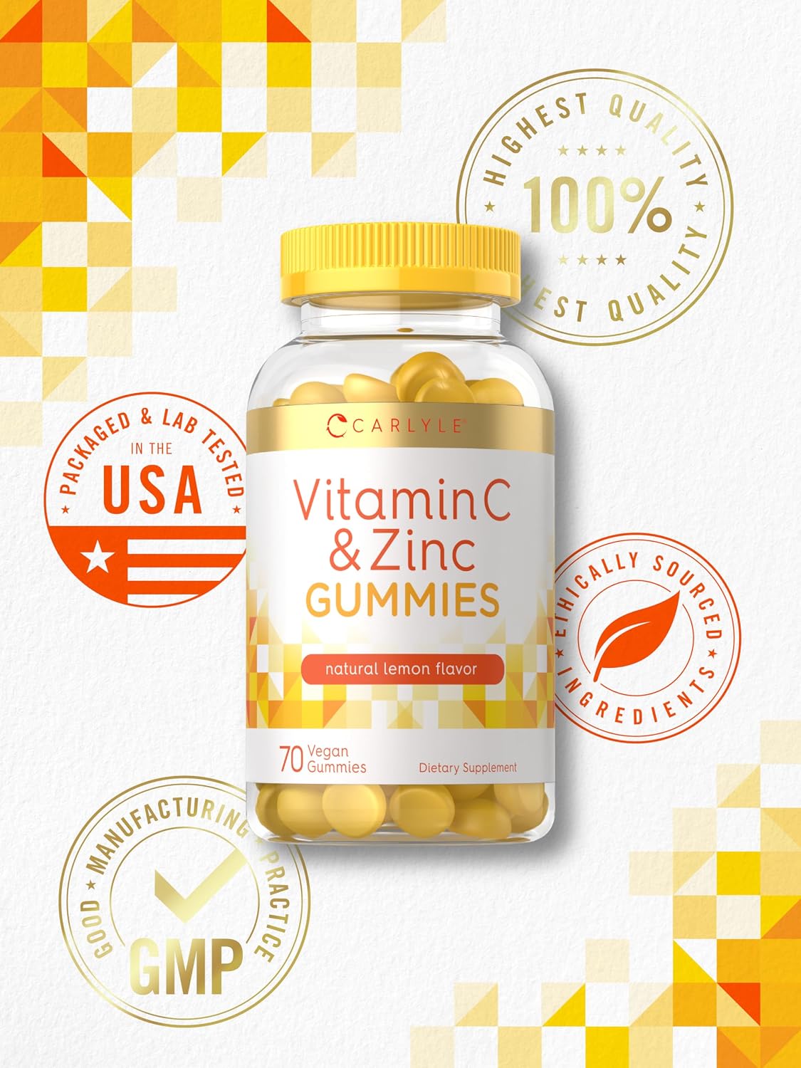 Carlyle Gomitas de Vitamina C y Zinc, 70 unidades, Sabor Limón, Suplemento Vegano, Sin OGM y Sin Gluten