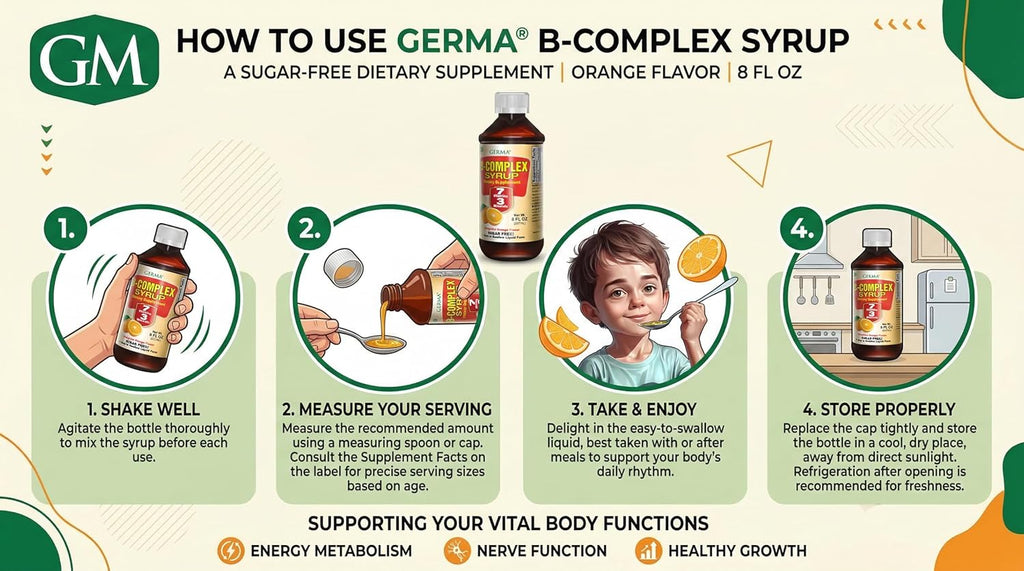 Germa Jarabe Complejo B - Suplemento de Vitaminas B, Sin Azúcar, Sabor Naranja, 237 ml