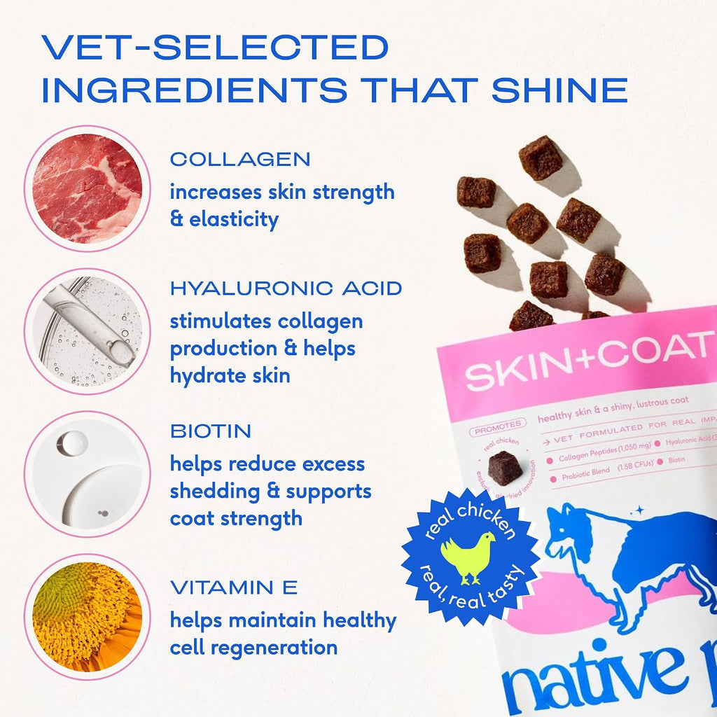 Native Pet Snacks para Piel y Pelaje - Aceite de Pescado Omega 3 para Perros - Suplemento para Piel y Pelaje - Alivio del Picor, Pelaje Brillante y Control de Muda - Colágeno, Ácido Hialurónico, Biotina, Probióticos y Aceite de Salmón - 30 Snacks
