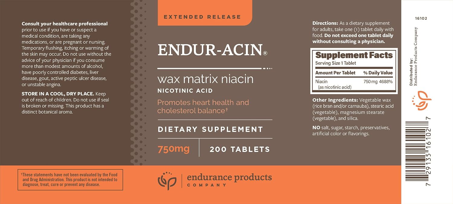 ENDUR-ACIN - Niacina B3 de Liberación Prolongada - 750 mg - 200 Comprimidos