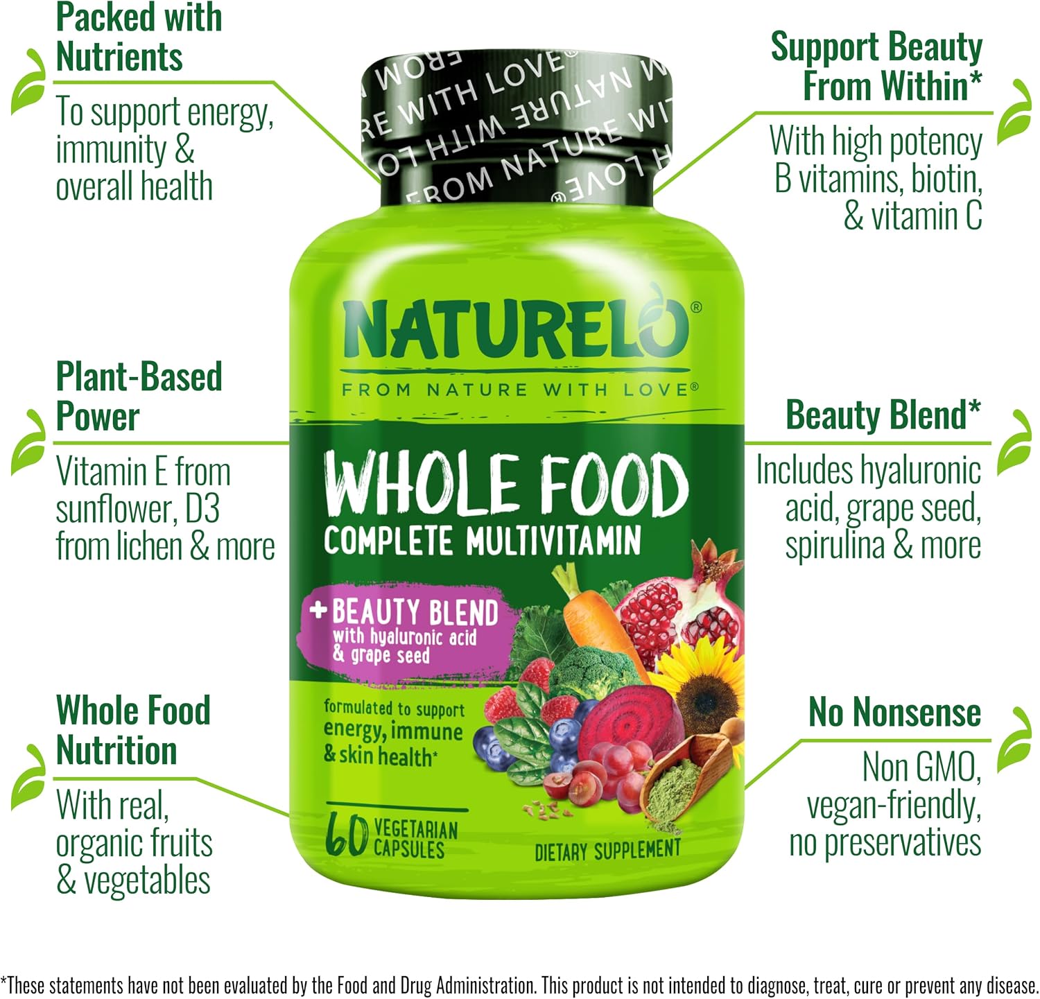 NATURELO Multivitamínico Integral con Biotina, Ácido Hialurónico y Extracto de Uva - 60 Cápsulas Veganas (Pack de 2)