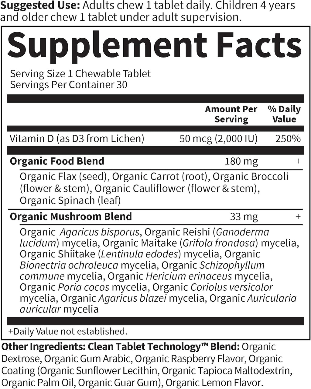 Garden of Life Organics Vitamina D3 Vegana con Hongos Orgánicos - 30 Tabletas Masticables Sabor Limón Frambuesa