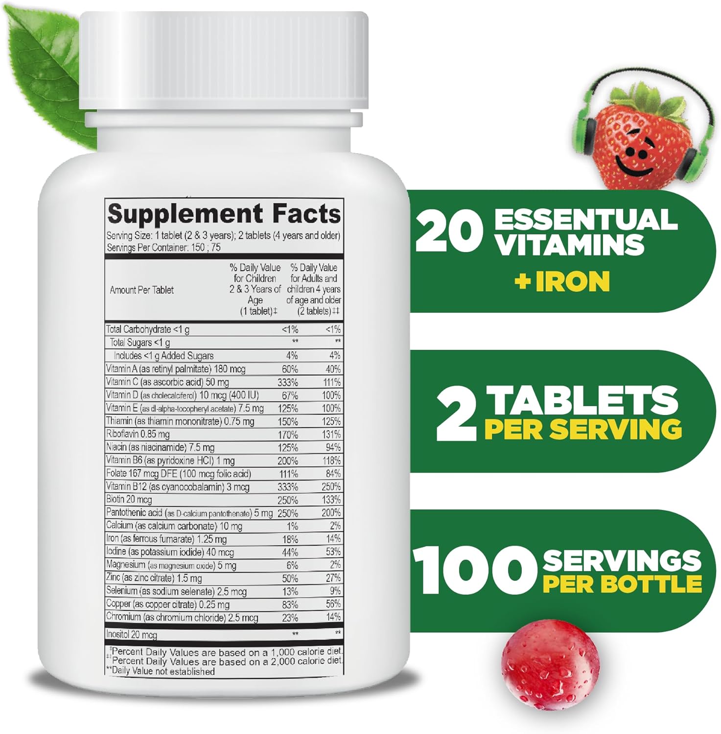 Lifeable Multivitamínico y Multimineral con Hierro para Niños - 150 Comprimidos Masticables Sabor Uva y Bayas