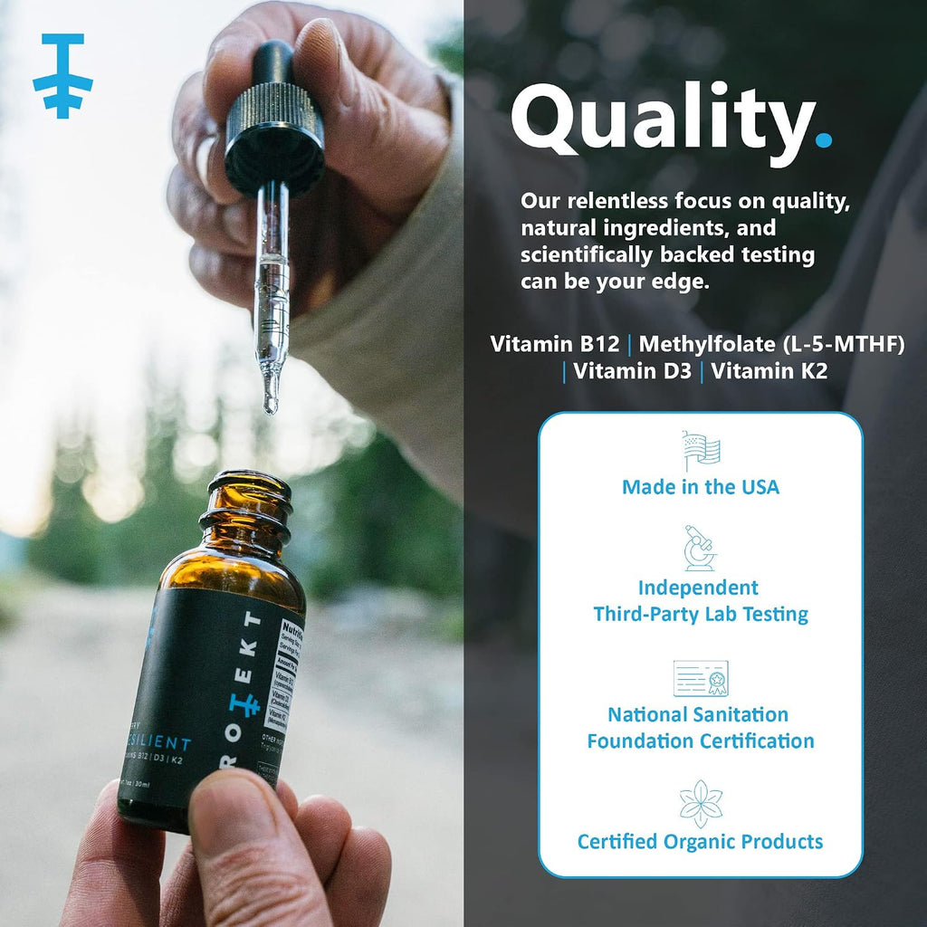 PROTEKT Resilient Gotas de Vitaminas D3, K2 y B12 - Suplemento Líquido con Metilfolato y Metilcobalamina - Sabor Natural a Bayas - 30 ml
