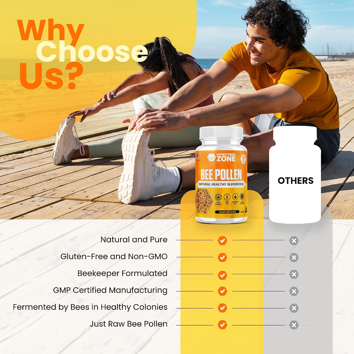 HONEYBEEZONE – Gránulos de Polen de Abeja Crudo 100% en 60 Cápsulas Vegetales – Alto en Complejo B para Metabolismo y Energía – Sin Gluten y No GMO – Proteínas y Antioxidantes