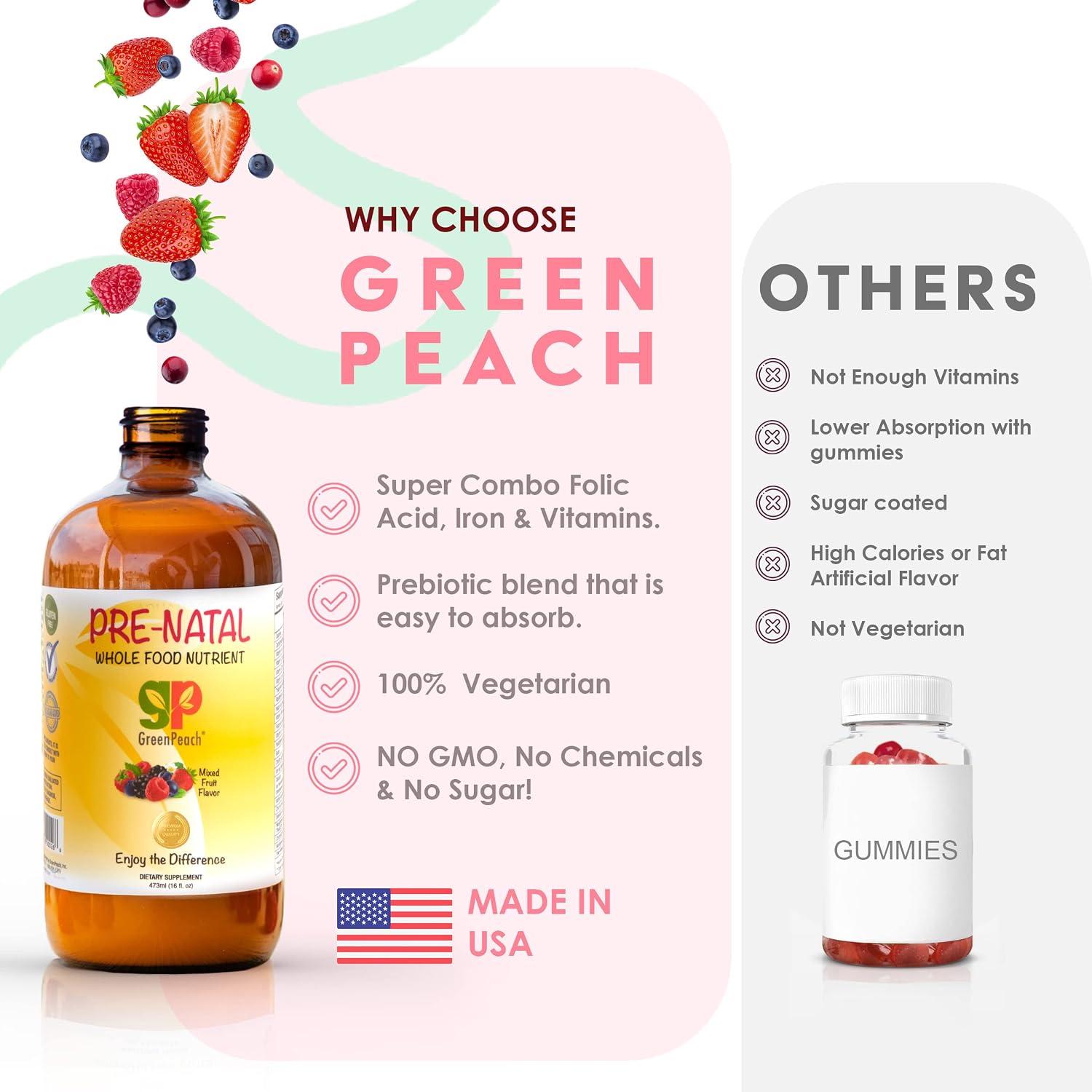 GreenPeach Vitaminas Prenatales Líquidas Orgánicas con Hierro y Folato - 32 Dosis