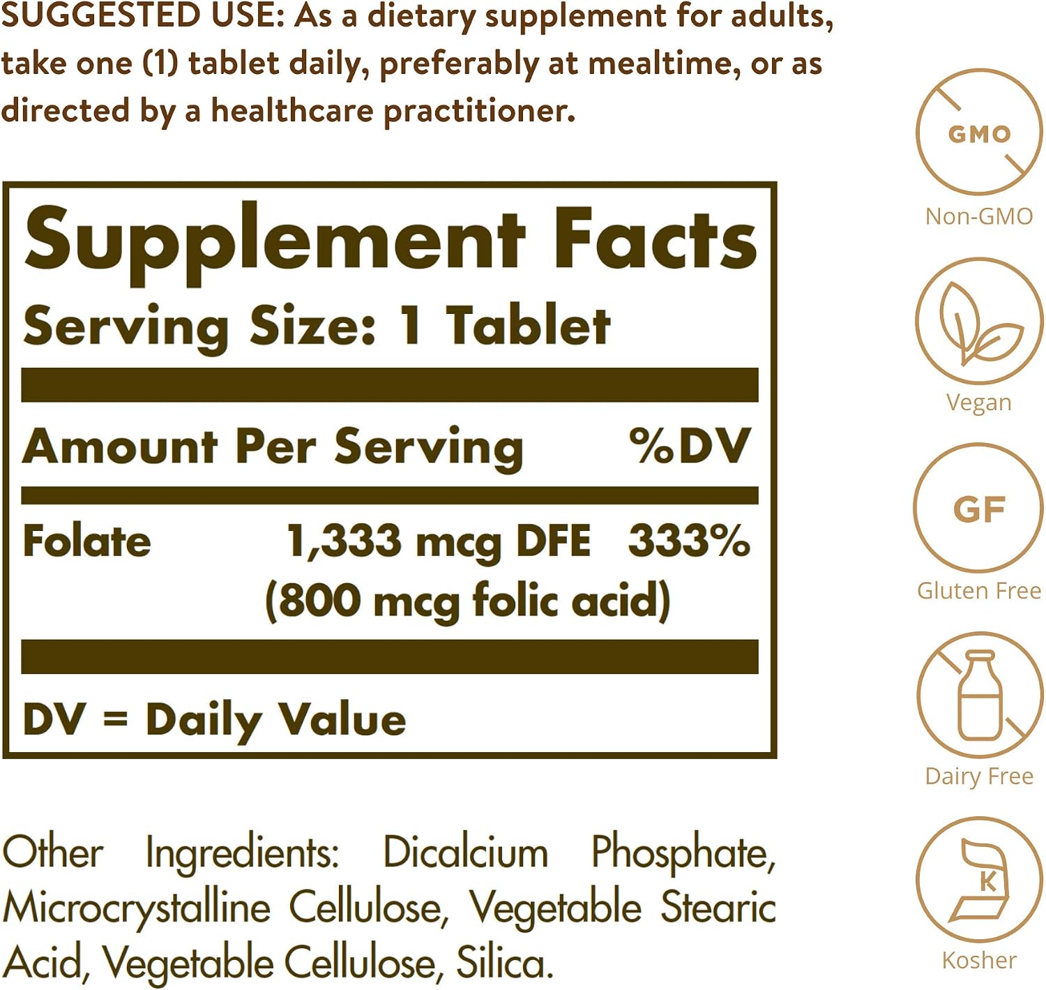Solgar Folate 1,333 mcg DFE (800 mcg Folic Acid) - 250 Tablets