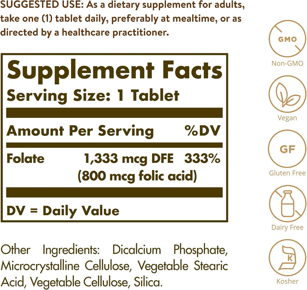 Solgar Folate 1.333 mcg DFE - 100 Comprimidos - Metafolin Bioactivo