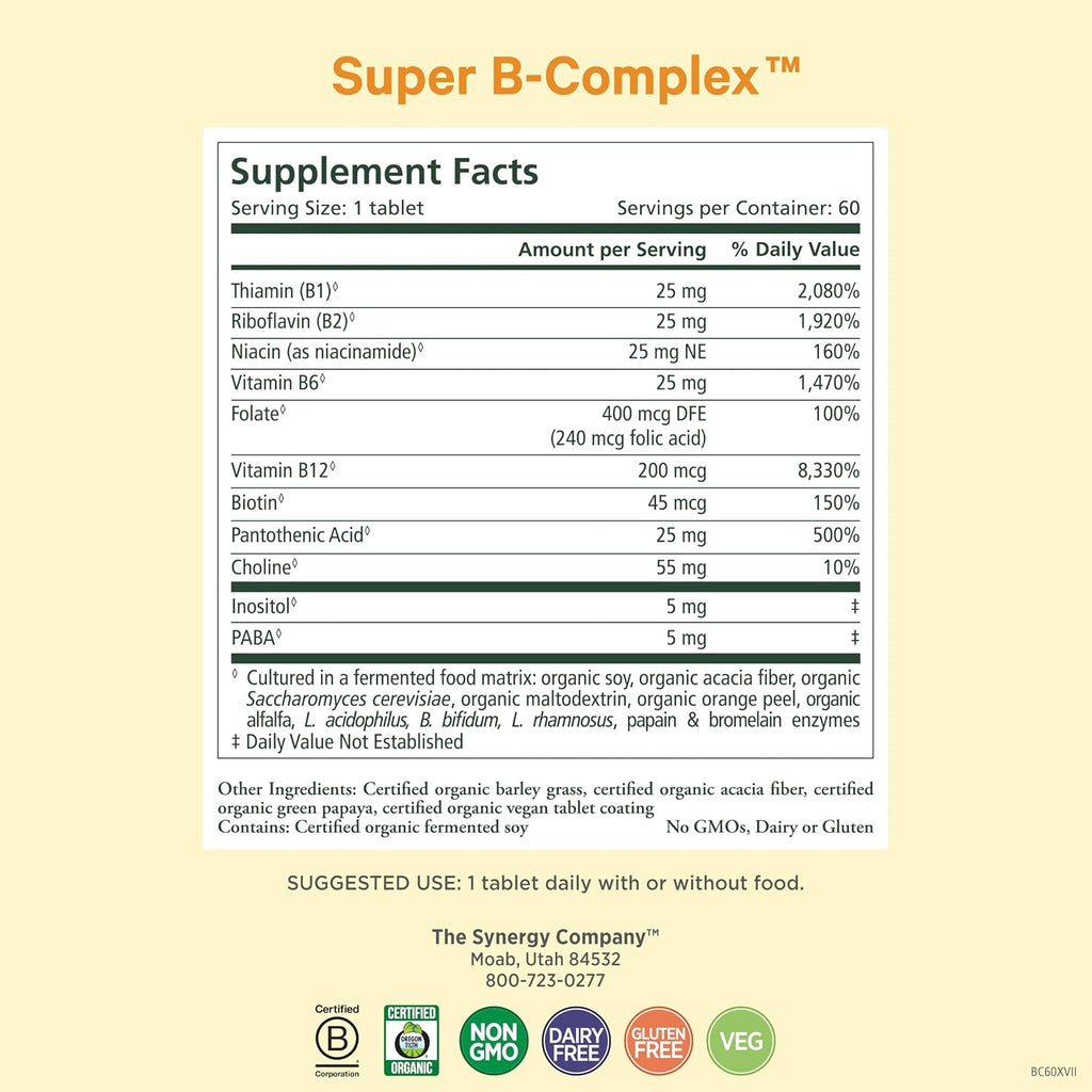 PURE SYNERGY Super B-Complex | Complejo de vitamina B elaborado con alimentos integrales ecológicos | Suplemento vegano con vitamina B12, niacina y folato naturales | para energía, concentración y estado de ánimo (60 comprimidos)