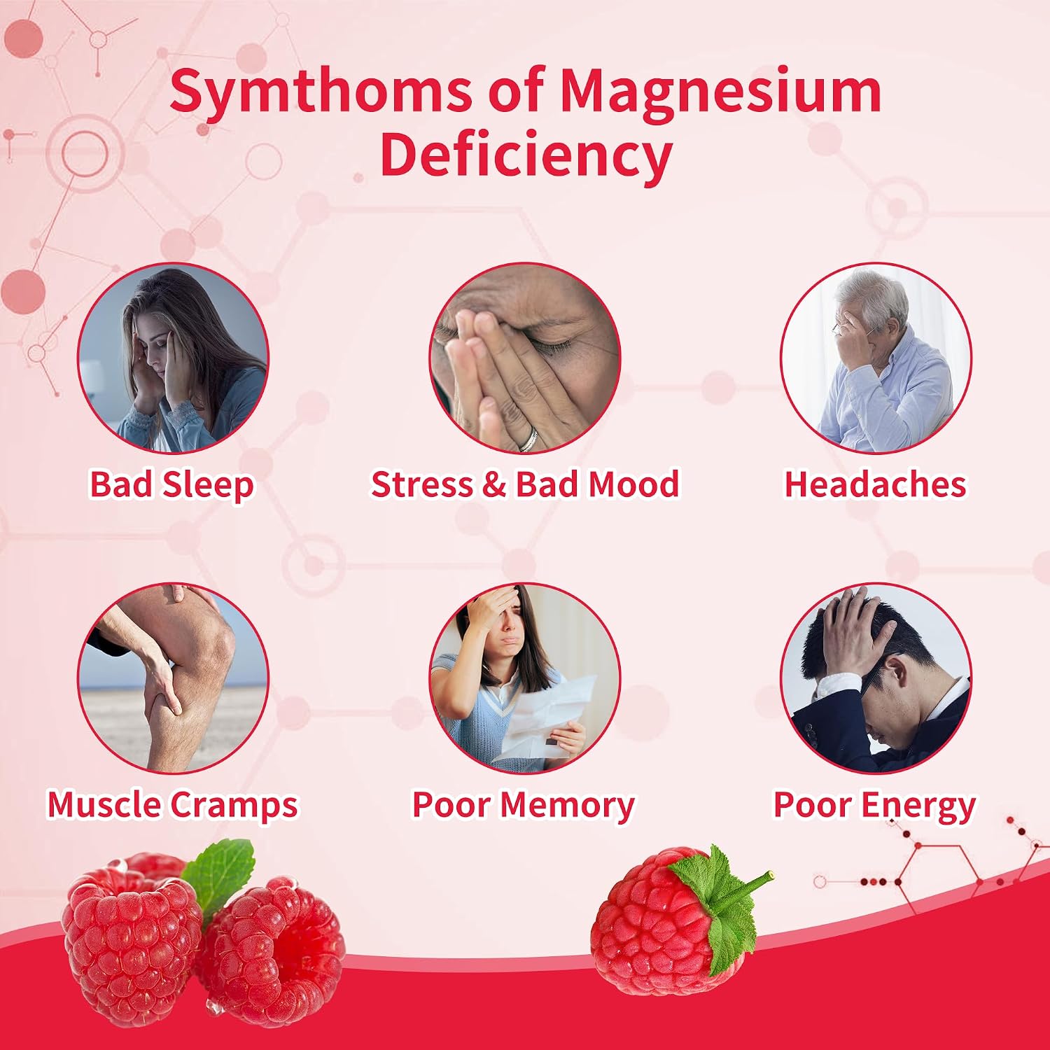 Gominolas de Magnesio Glicinato 1000mg - Sin Azúcar, con Vitamina D, B6 y CoQ10 - 90 Gominolas Sabor Frambuesa