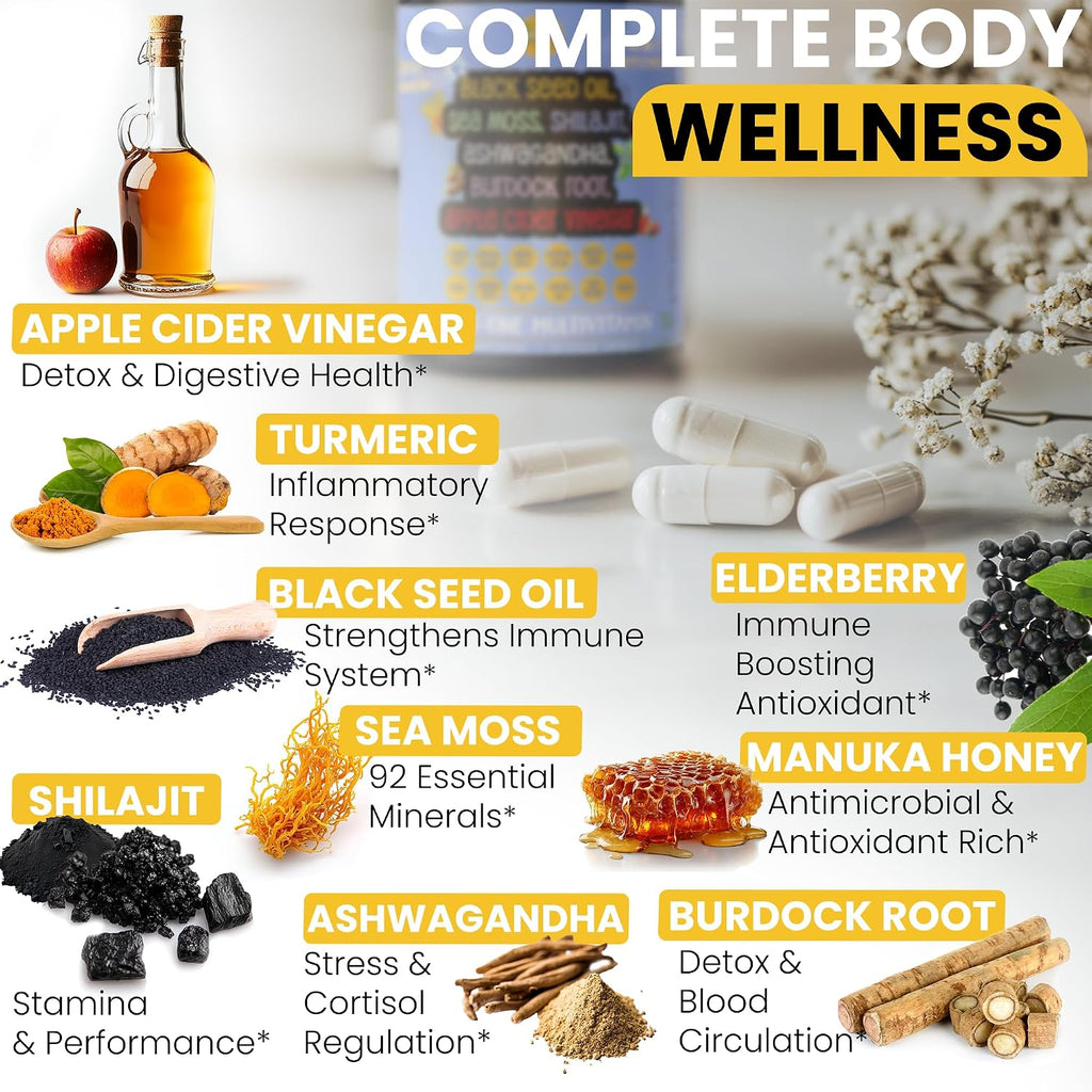 Siraj 18-en-1 Multivitamínico Superfood - Irish Sea Moss, Aceite de Semilla Negra, Shilajit, Ashwagandha - 60 Cápsulas
