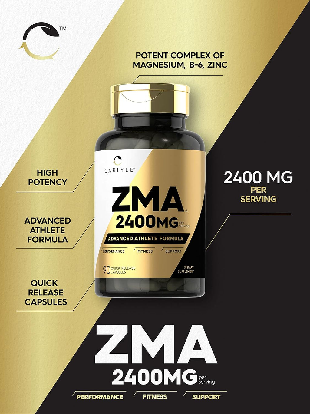 Carlyle ZMA - Suplemento de Zinc, Magnesio y Vitamina B6 | 90 Cápsulas | Sin Gluten y No-GMO