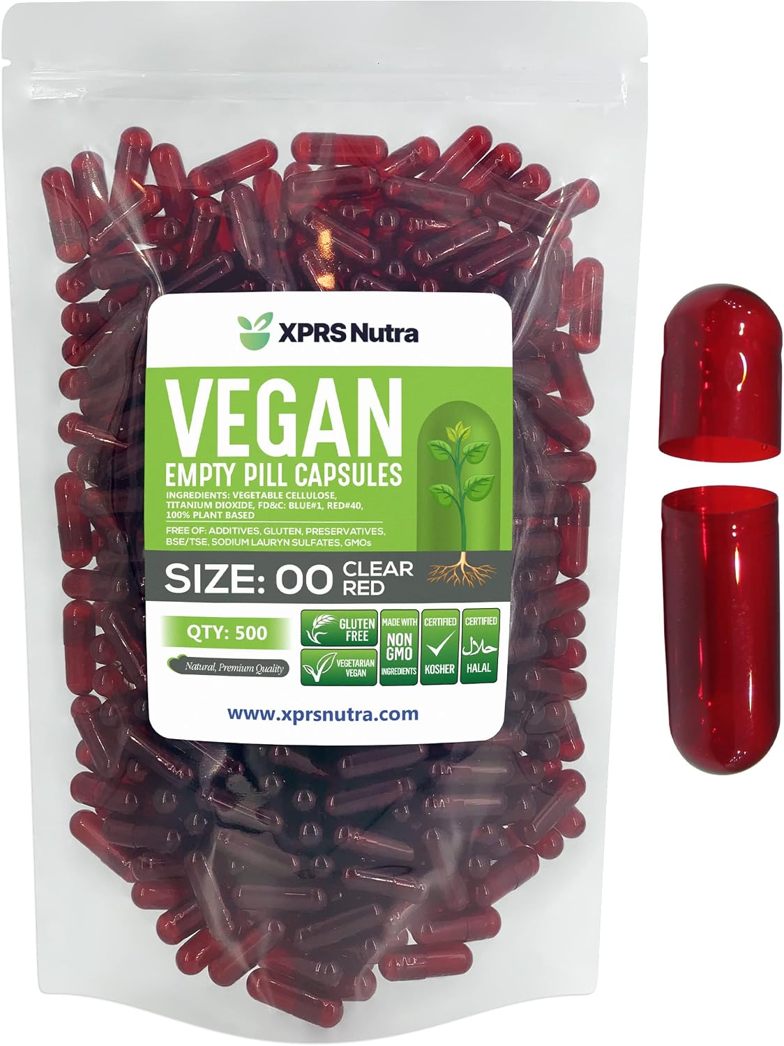 XPRS Nutra Cápsulas Vacías Tamaño 00 - 500 Unidades - Cápsulas Veganas - Cápsulas Vegetarianas Vacías para Rellenar - Cápsulas Vegetales DIY (Rojo Transparente)