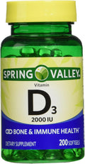 Spring Valley Vitamina D3 2000 UI (200 cápsulas blandas) - Paquete doble