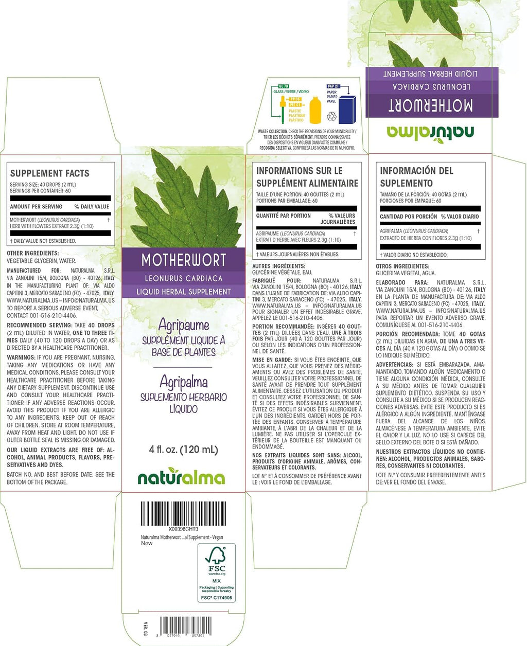 Naturalma Tintura de Motherwort (Leonurus cardiaca) - Extracto líquido sin alcohol, 118 ml - Suplemento herbal vegano