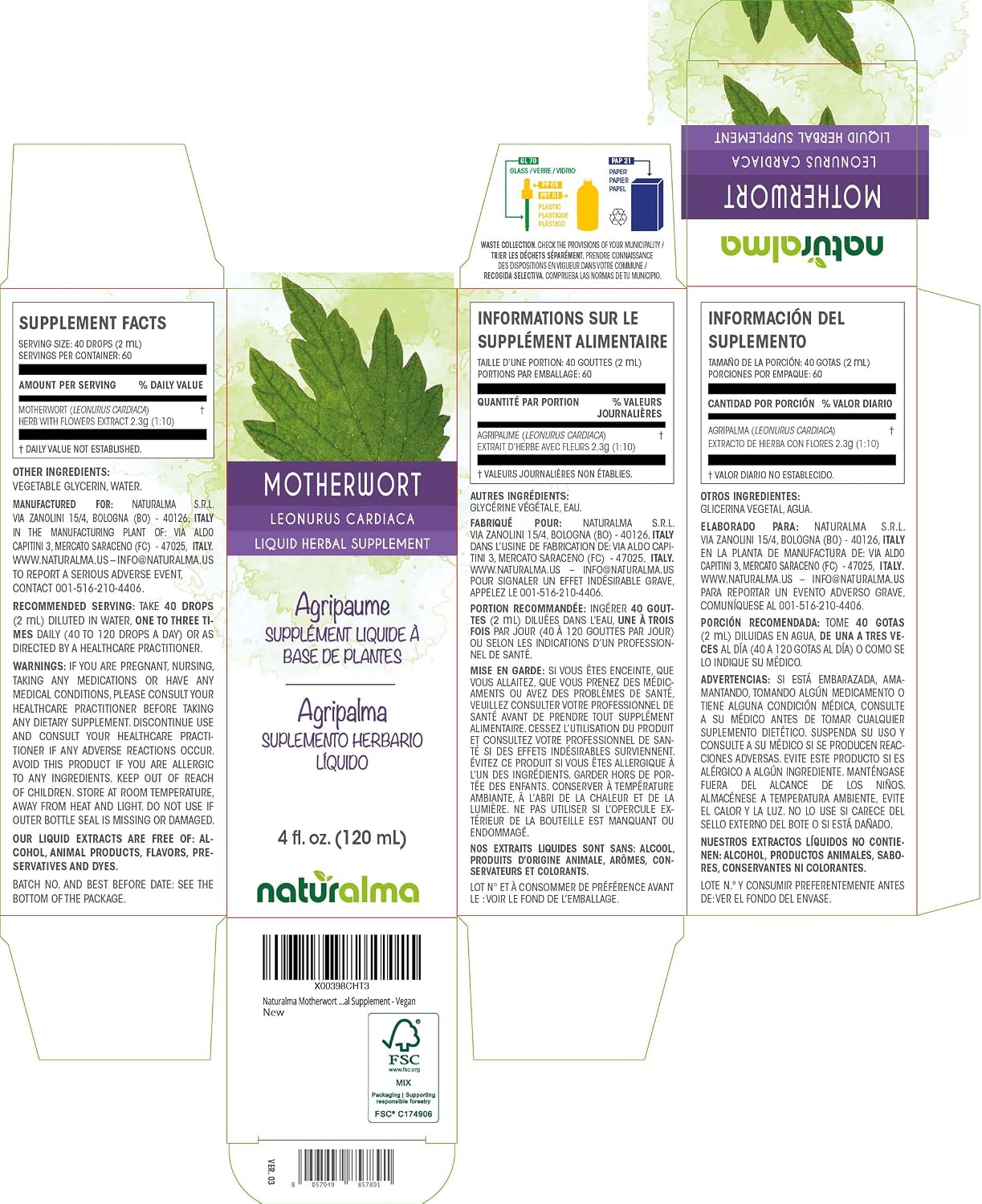 Naturalma Tintura de Motherwort (Leonurus cardiaca) - Extracto líquido sin alcohol, 118 ml - Suplemento herbal vegano